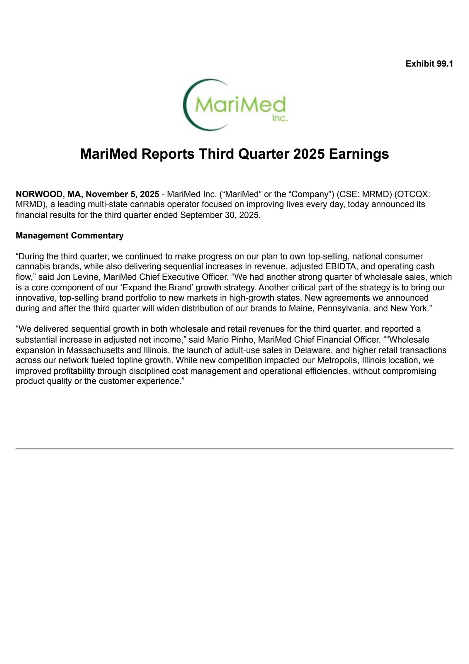 MariMed's Q3 2025 Earnings Release