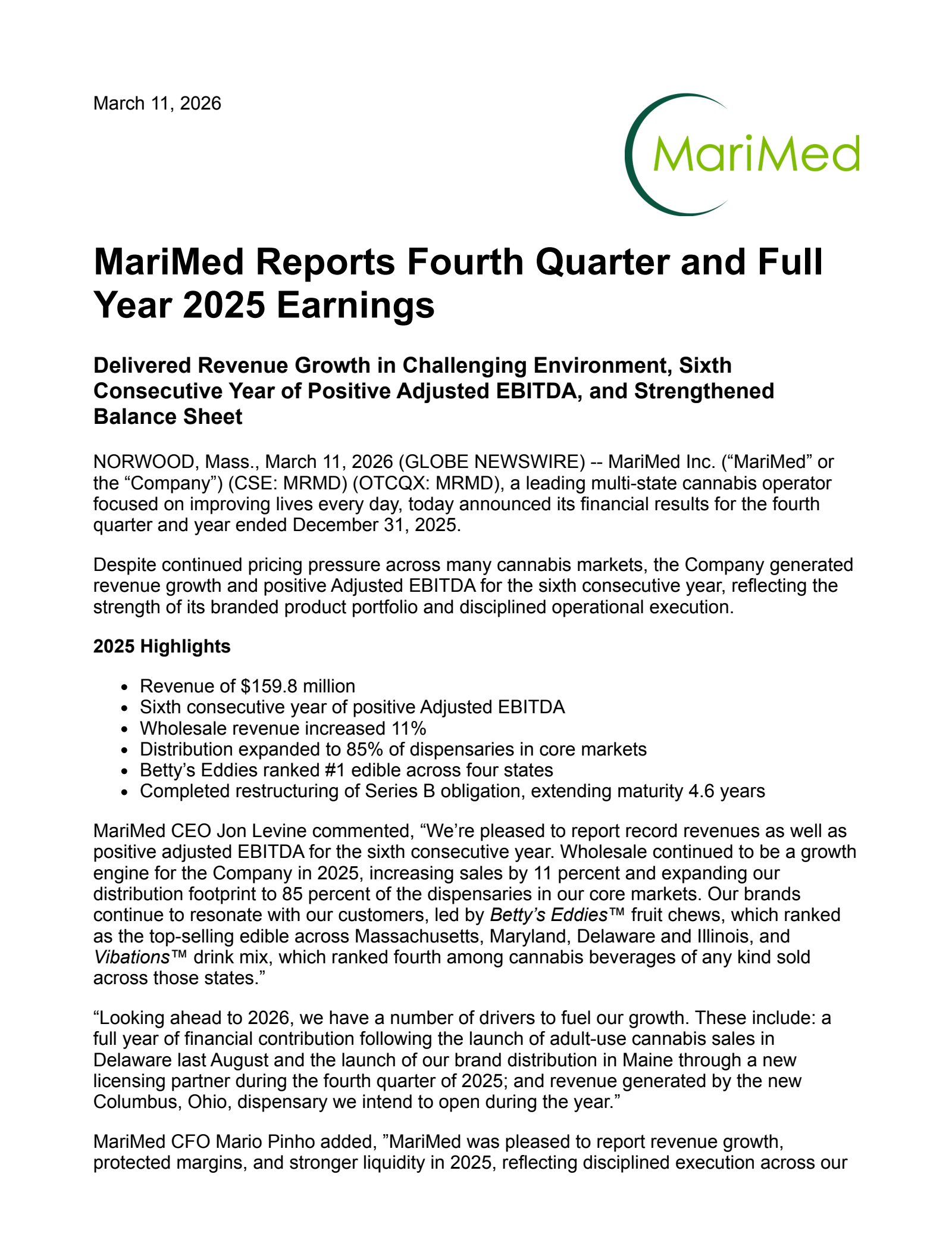 MariMed's Q4 2025 Press Release