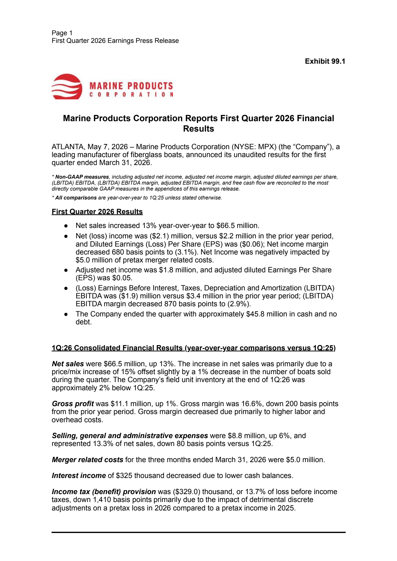 Marine Products' Q1 2026 Press Release