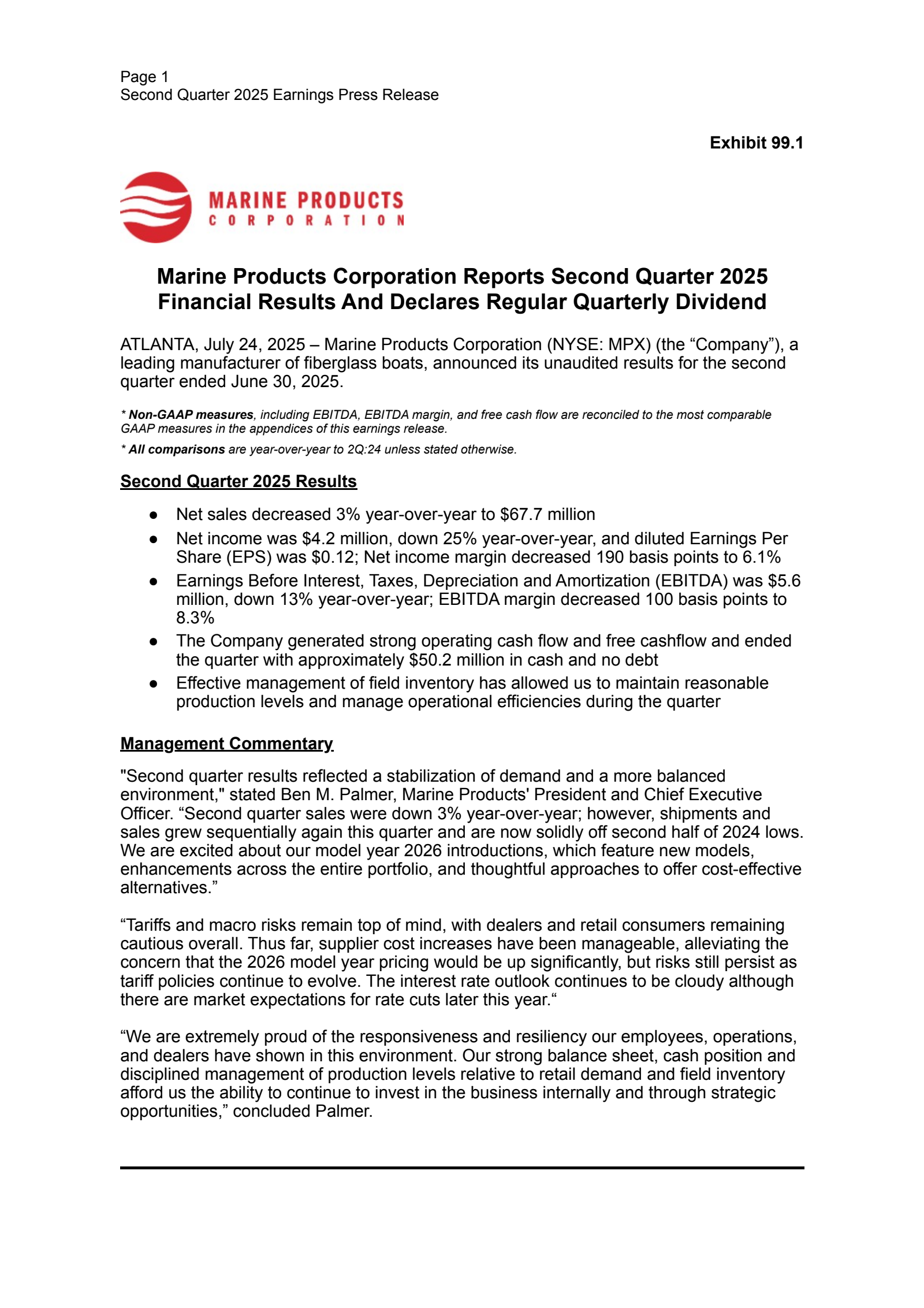Marine Products' Q2 2025 Press Release