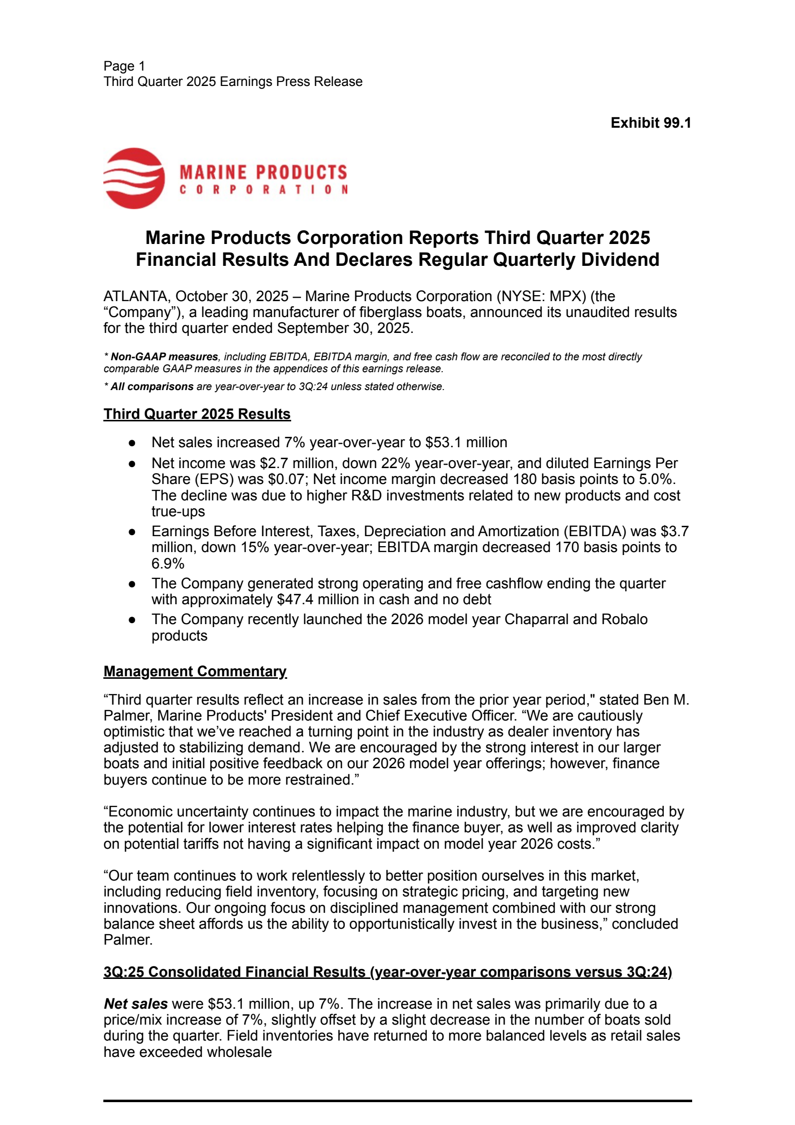 Marine Products' Q3 2025 Earnings Release