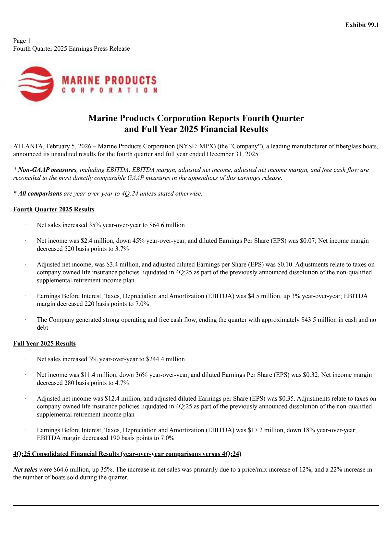 Marine Products' Q4 2025 Press Release