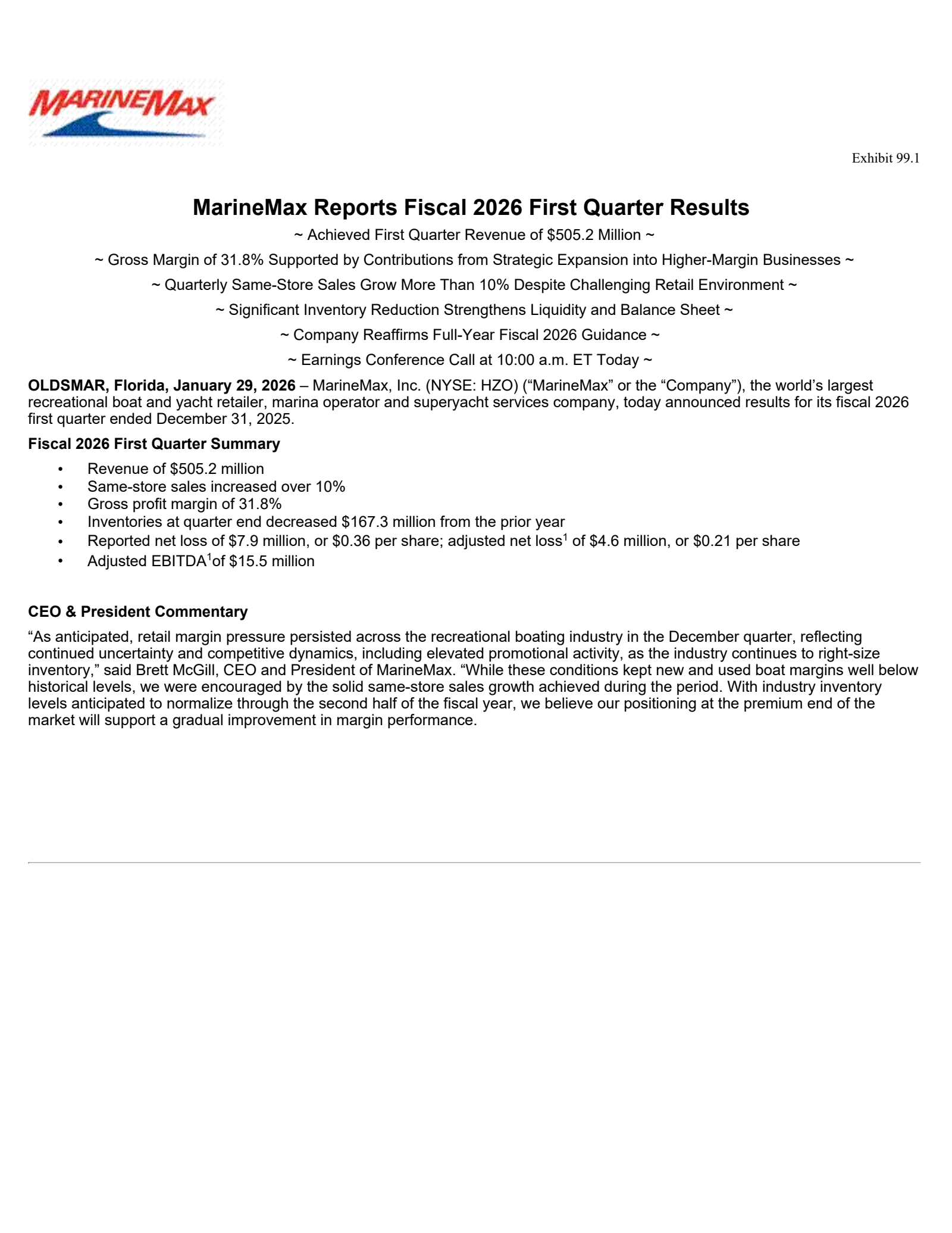 MarineMax's Q1 2026 Press Release
