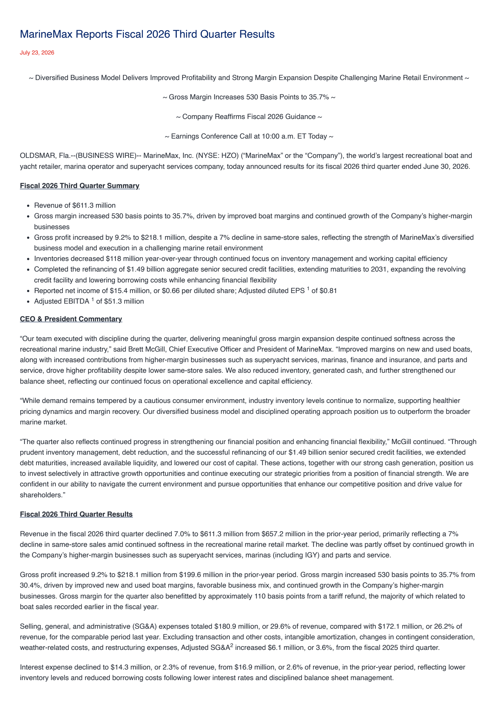 MarineMax's Q3 2026 Press Release