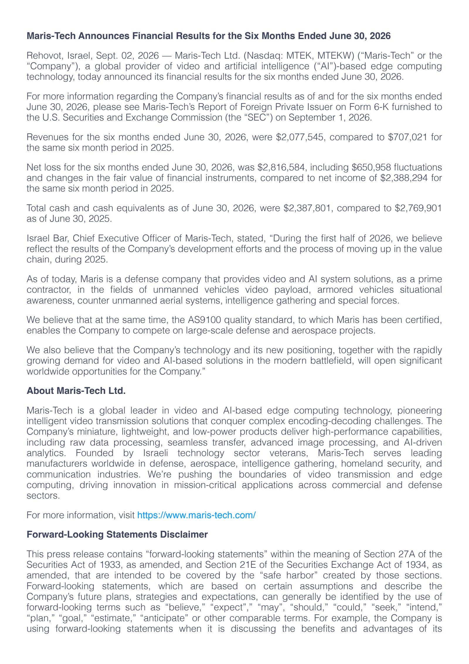 Maris-Tech's H1 2026 Press Release