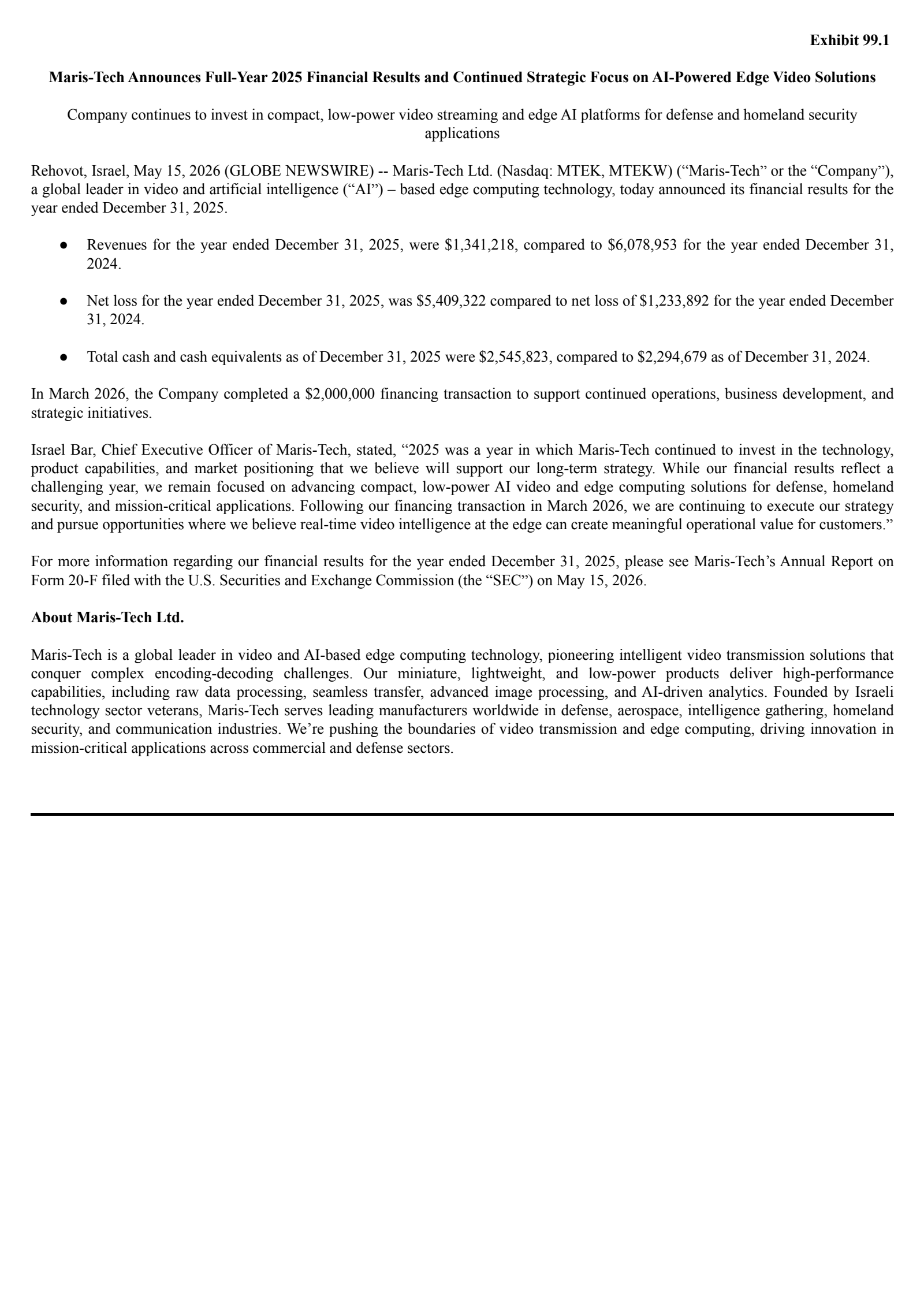 Maris-Tech's H2 2025 Press Release