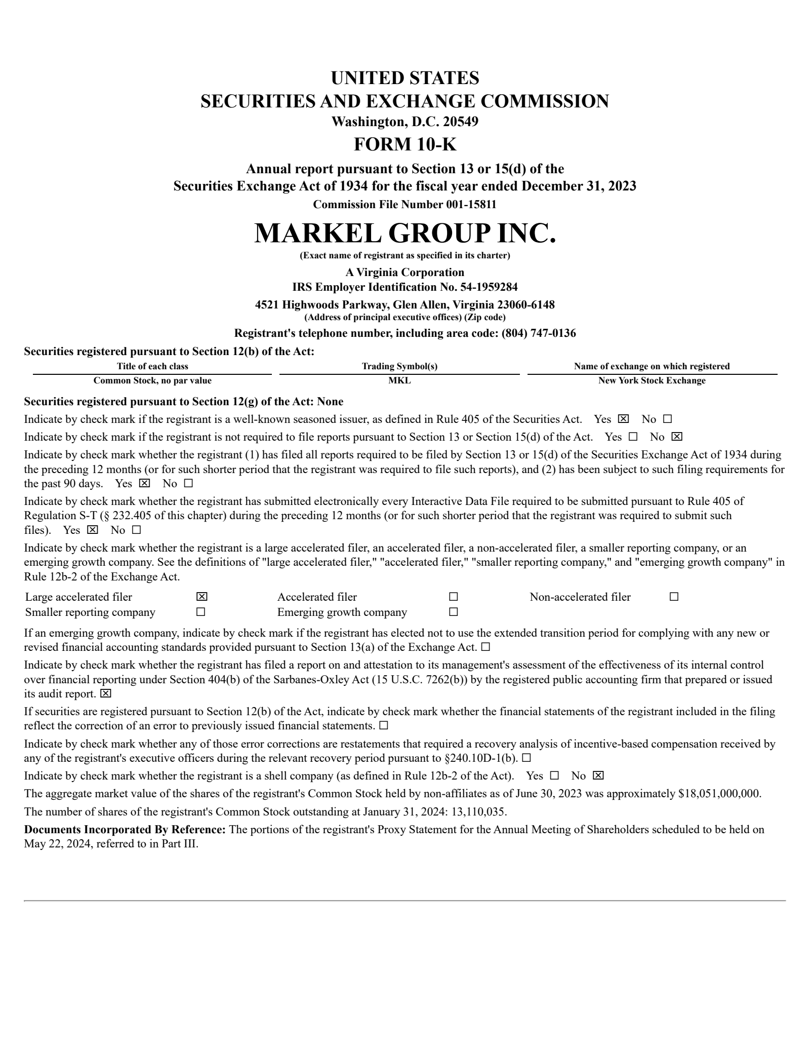 Markel Group's Q4 2023 Annual report