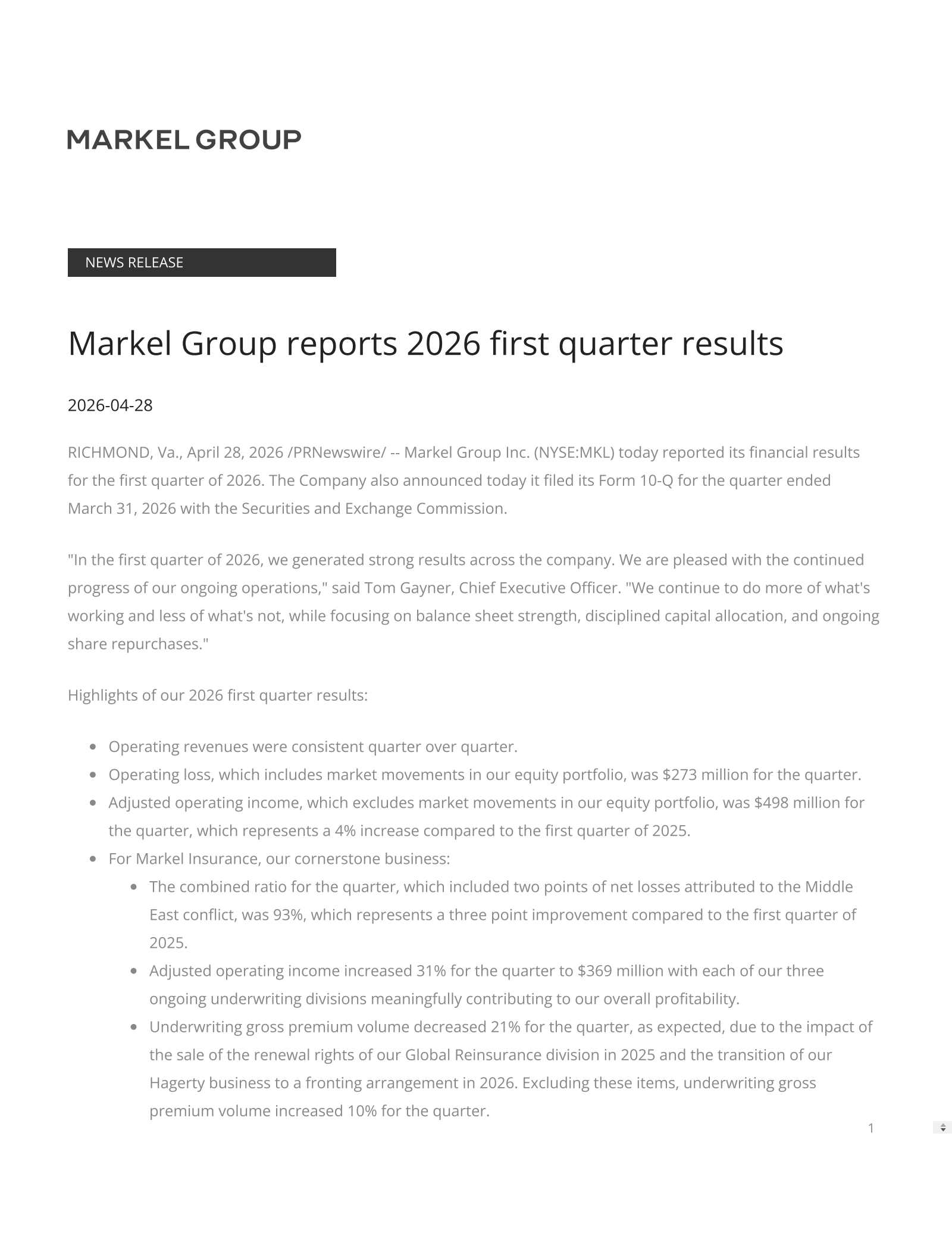 Markel Group's Q1 2026 Press Release