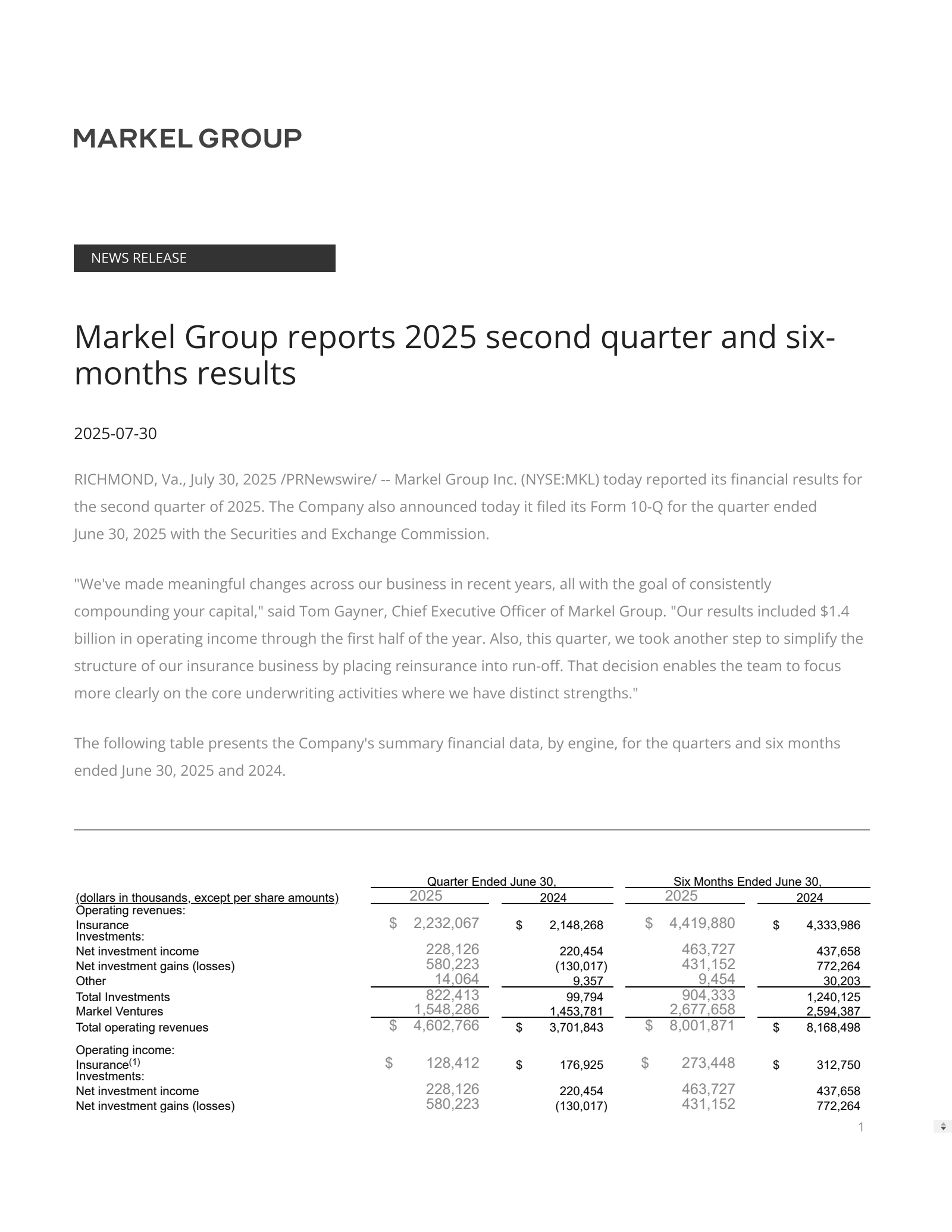 Markel Group's Q2 2025 Press Release