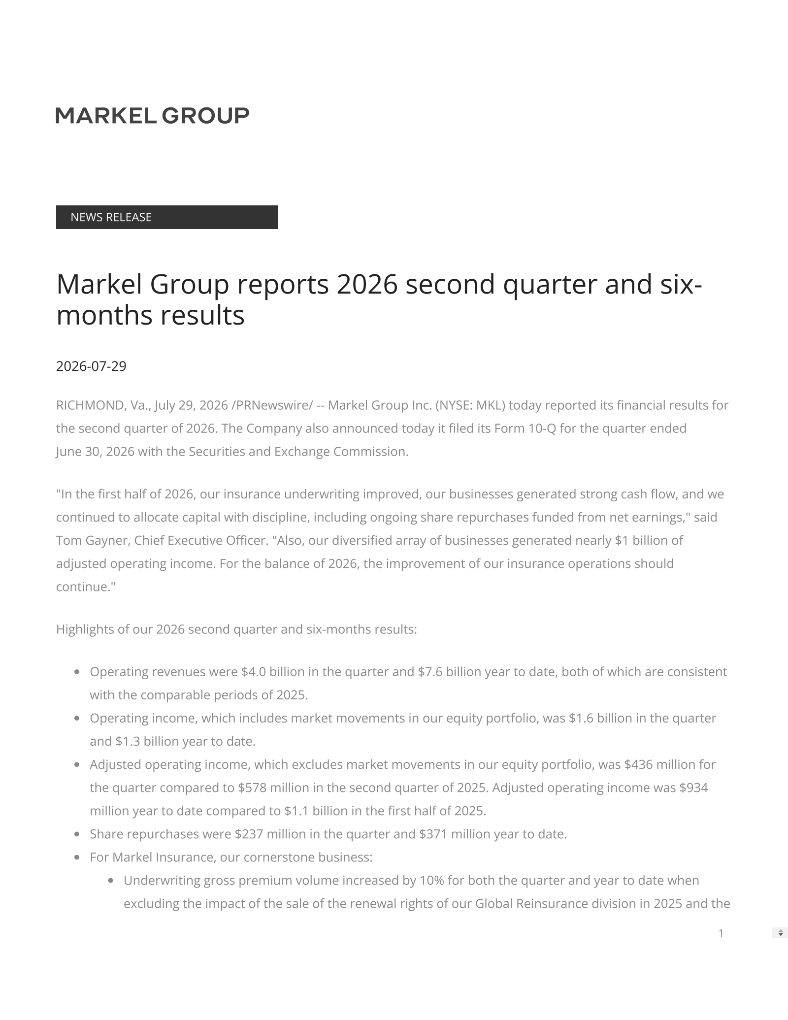 Markel Group's Q2 2026 Press Release