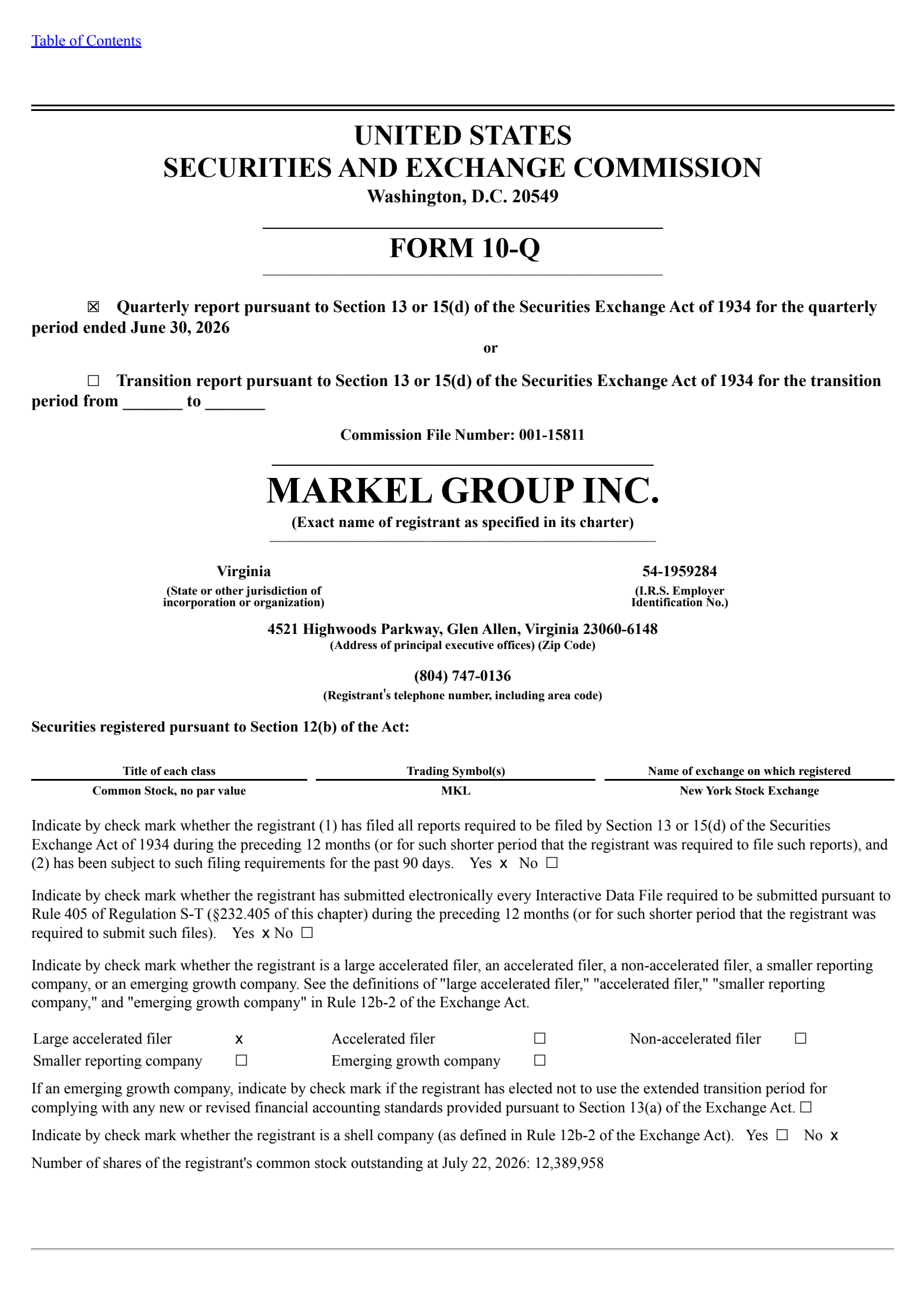 Markel Group's Q2 2026 Quarterly report