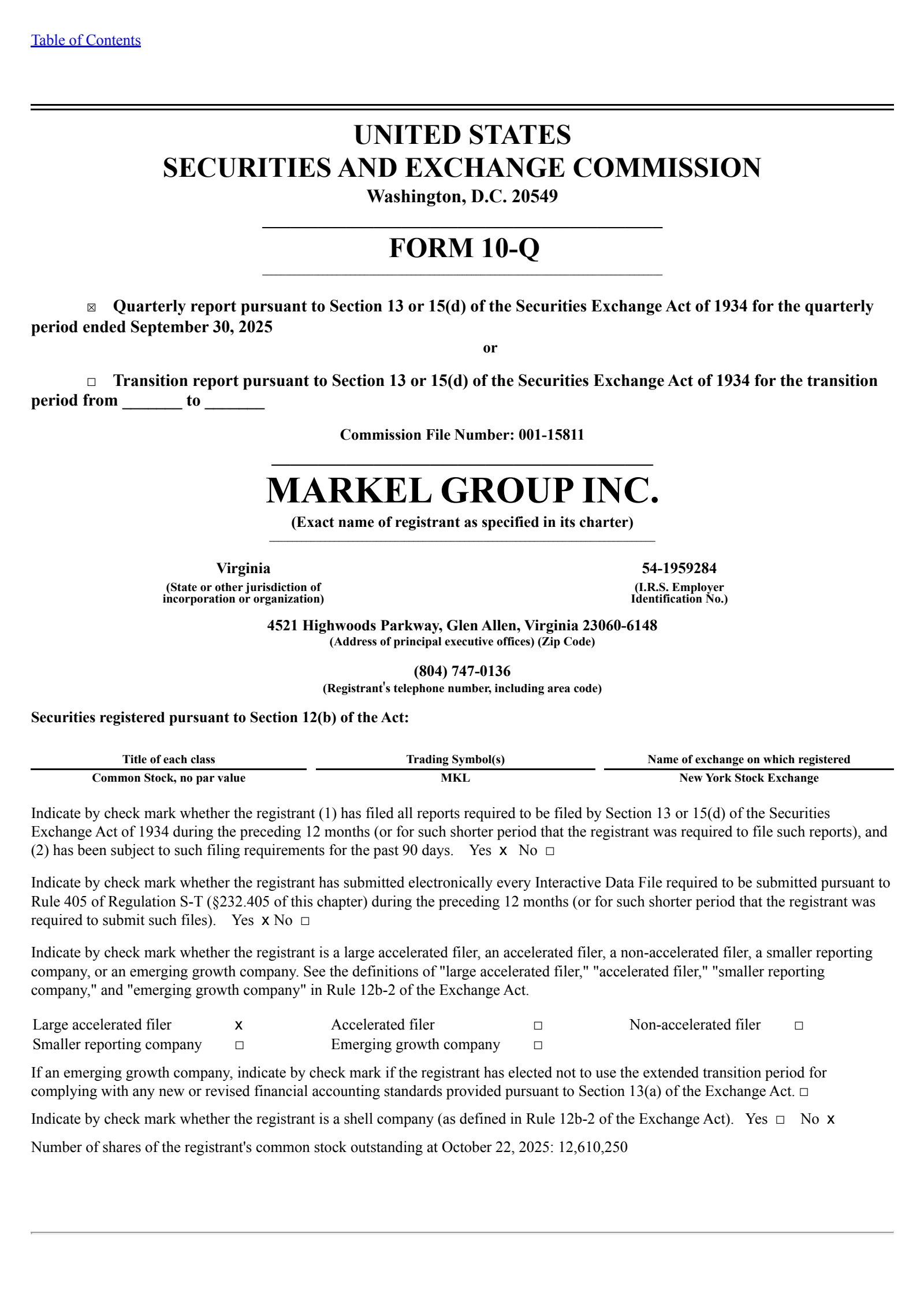Markel Group's Q3 2025 Quarterly Report