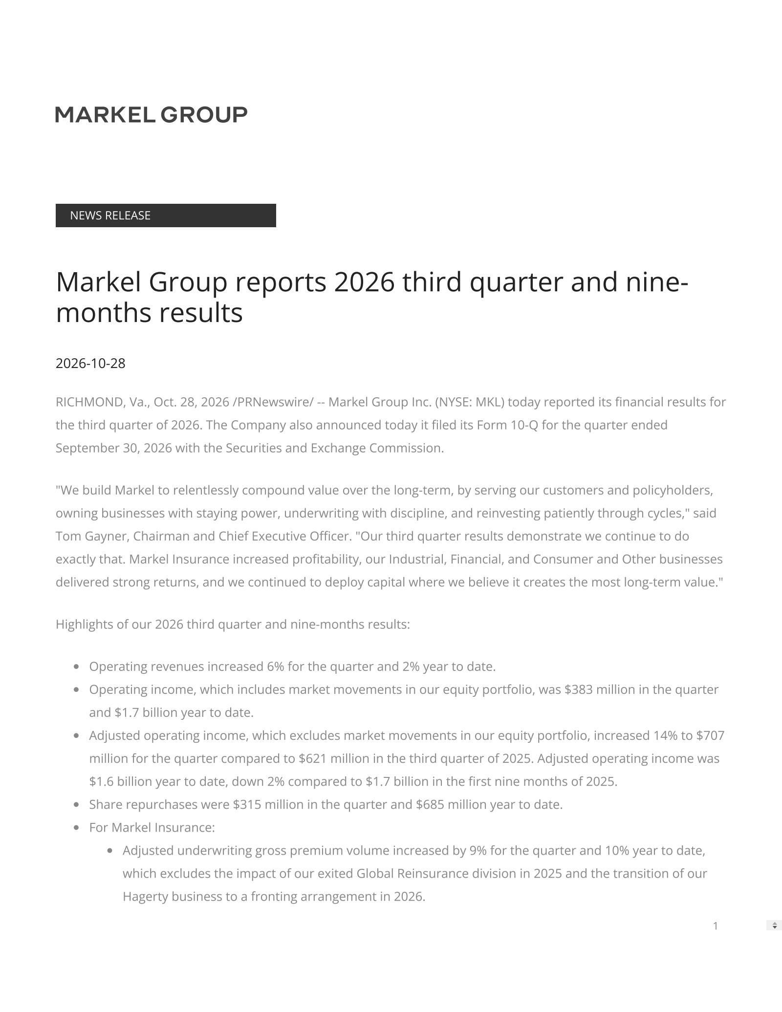 Markel Group's Q3 2026 Press Release