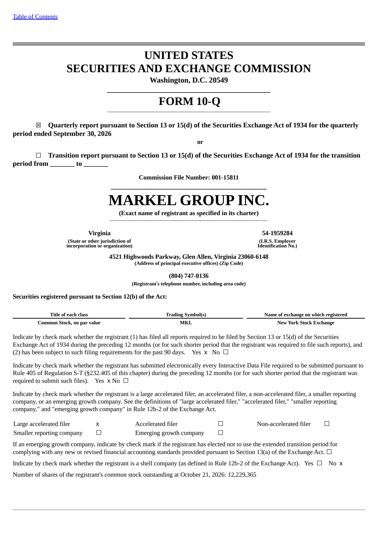 Markel Group's Q3 2026 Quarterly report