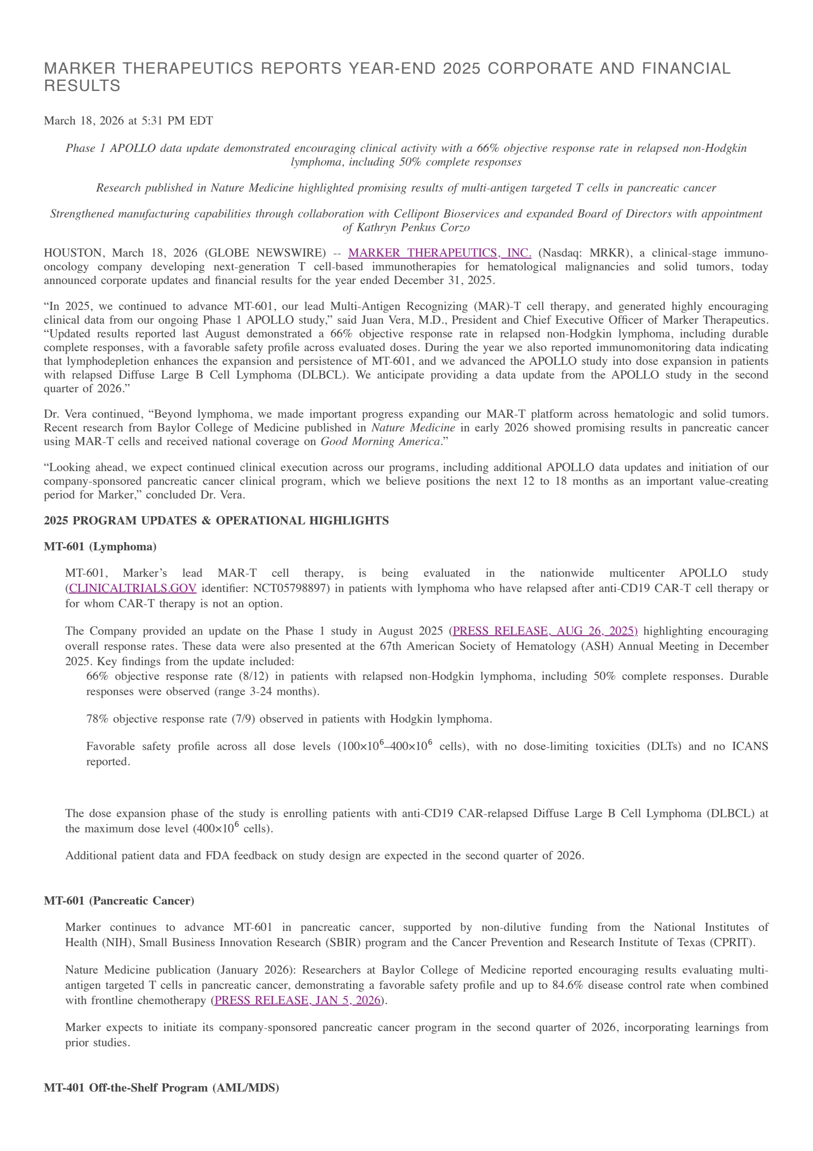 Marker Therapeutics' Q1 2026 Press Release