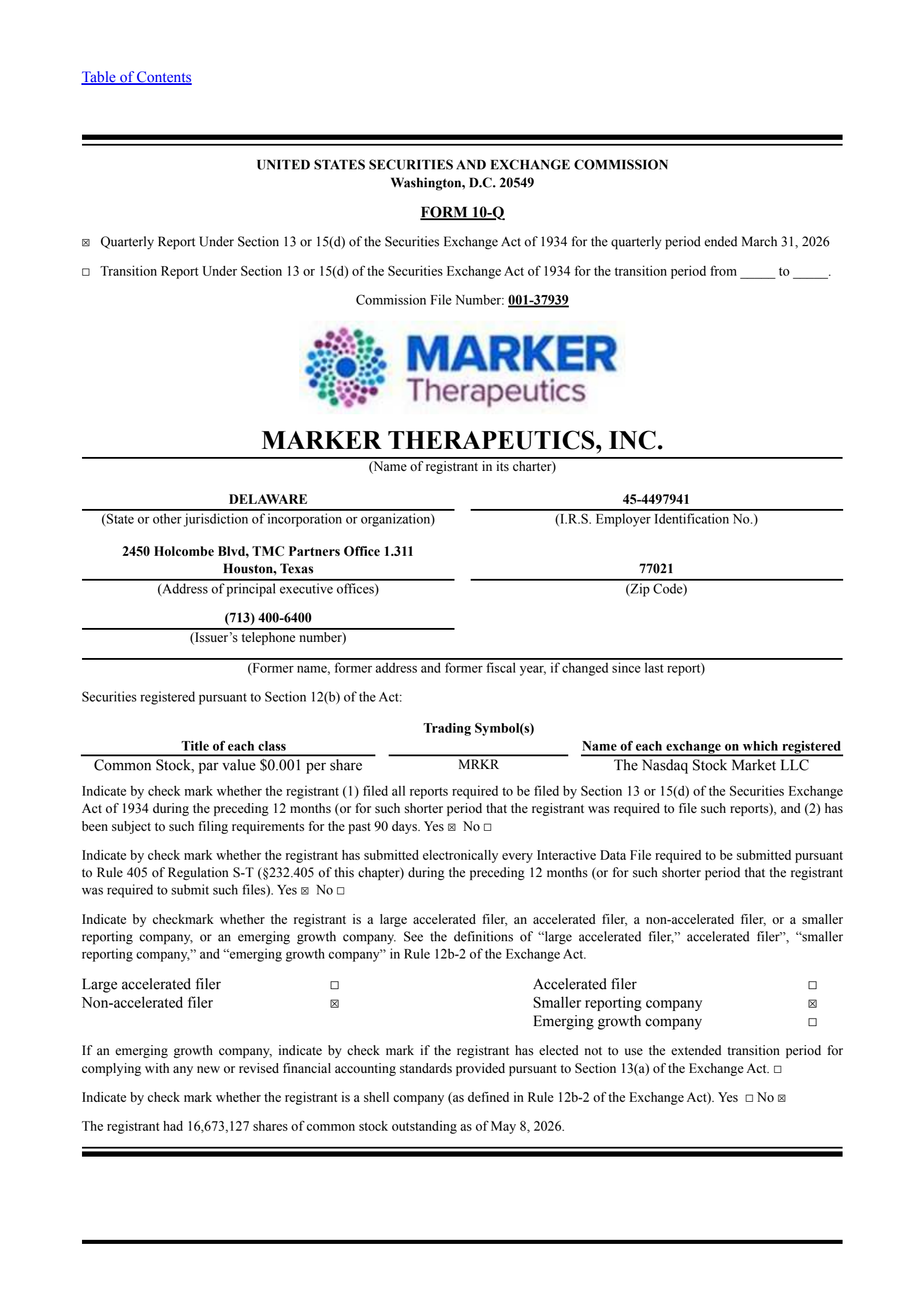 Marker Therapeutics' Q1 2026 Quarterly report