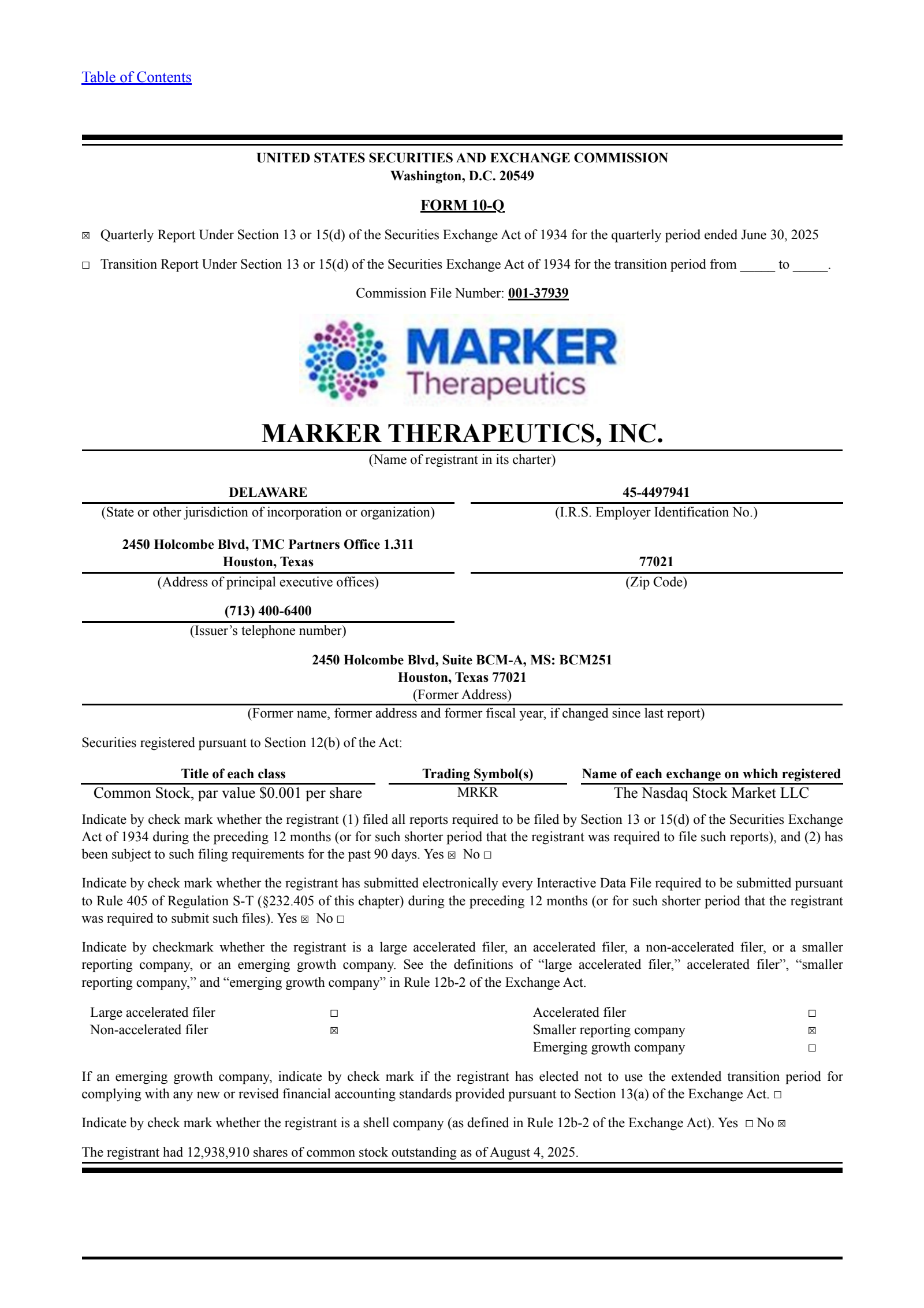 Marker Therapeutics' Q2 2025 Quarterly report