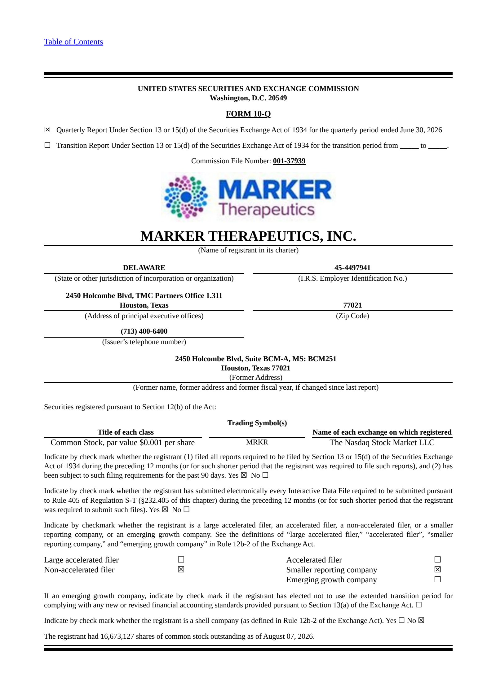 Marker Therapeutics' Q2 2026 Quarterly report