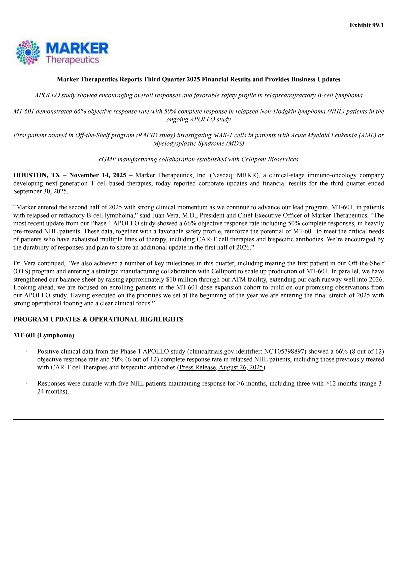 Marker Therapeutics' Q3 2025 Earnings Release