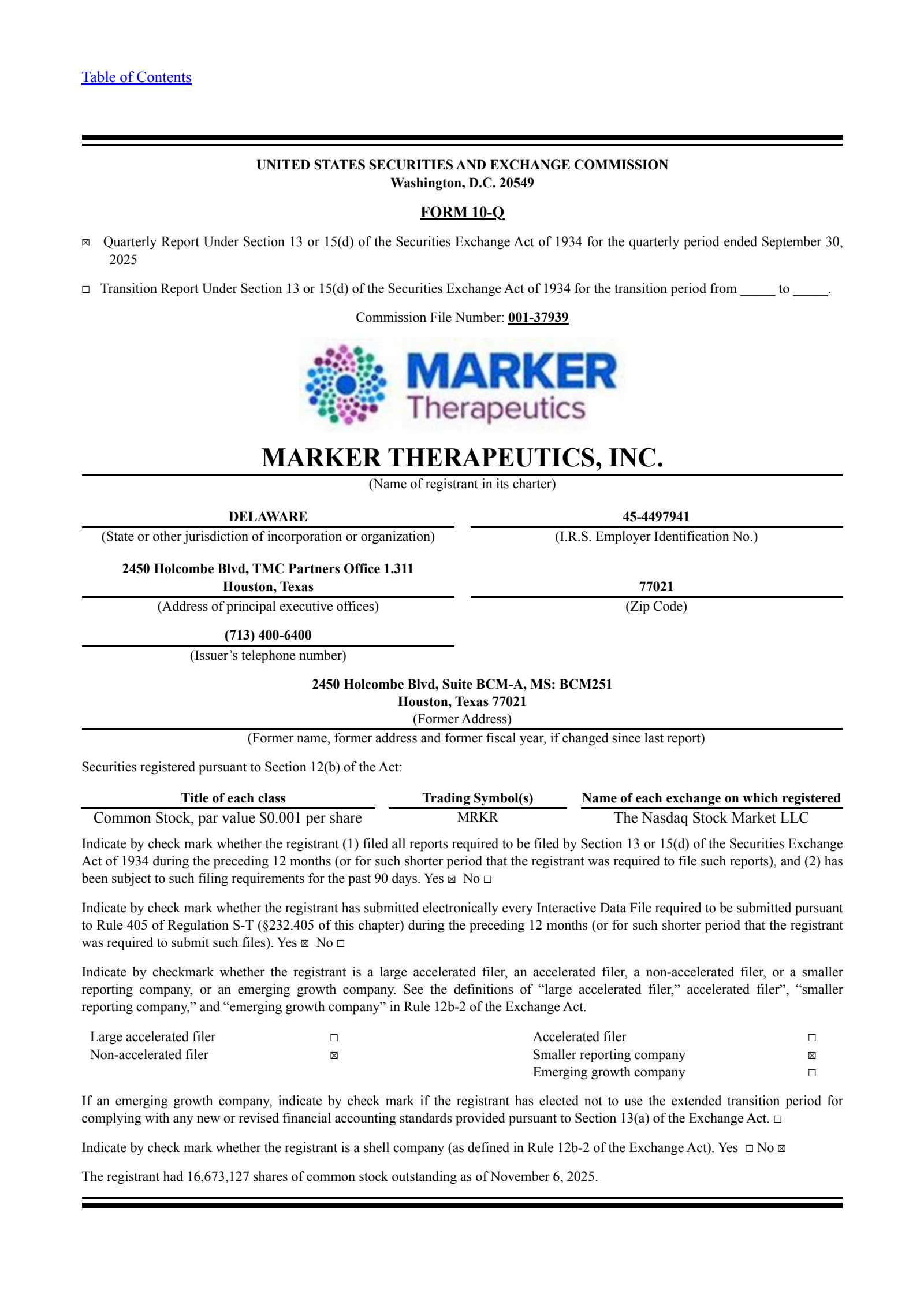 Marker Therapeutics' Q3 2025 Quarterly Report