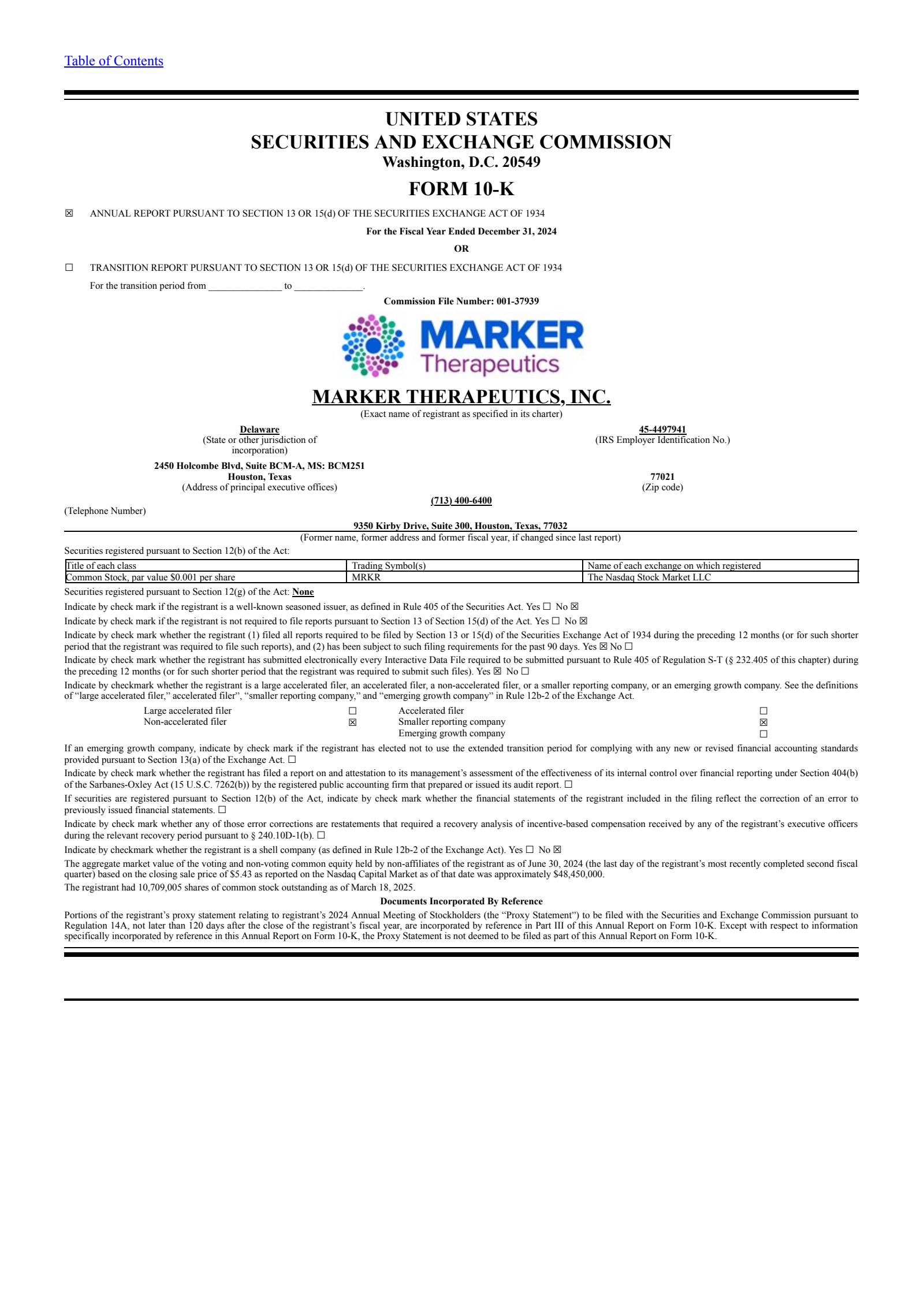 Marker Therapeutics' Q4 2024 Annual Report