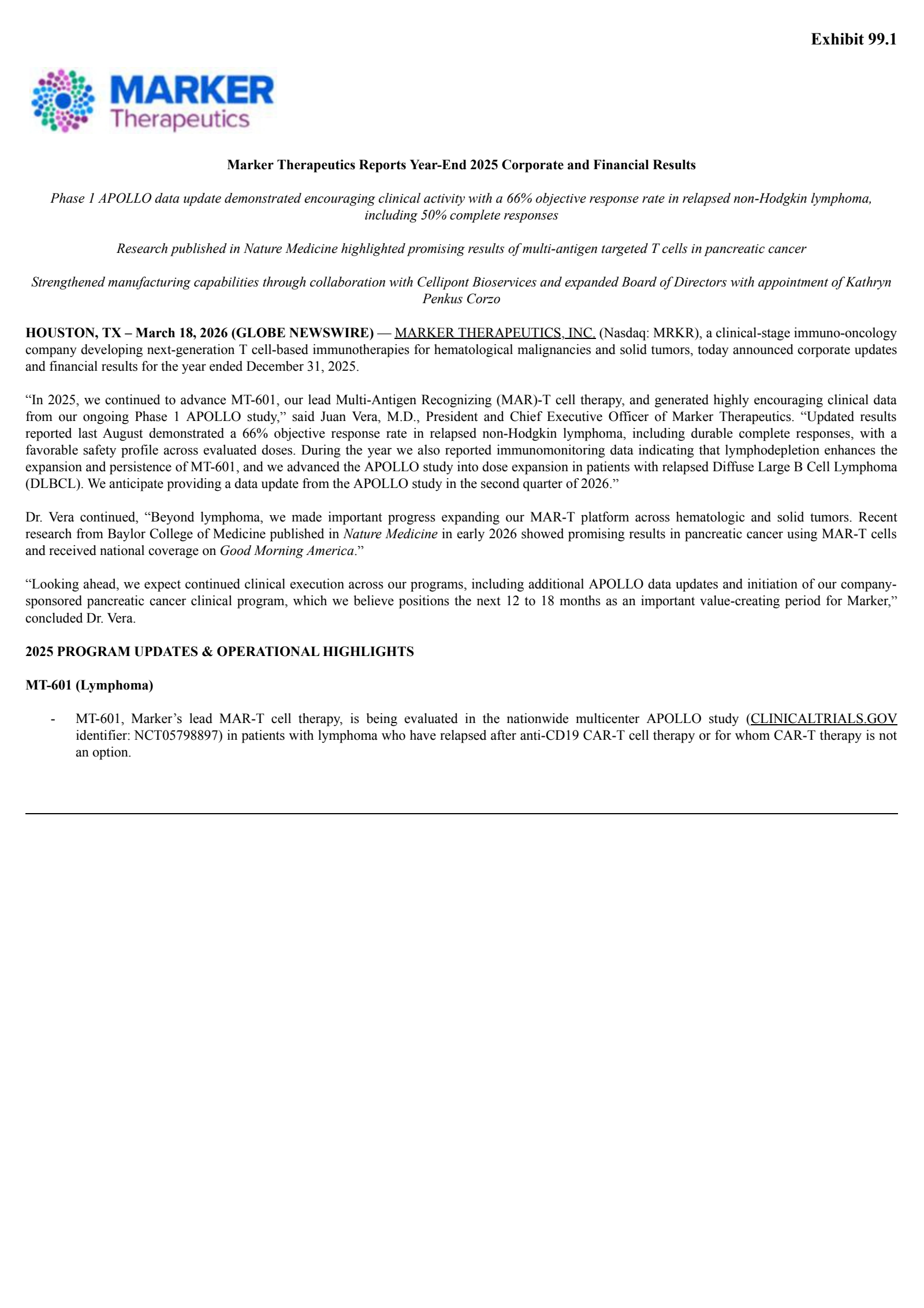 Marker Therapeutics' Q4 2025 Press Release
