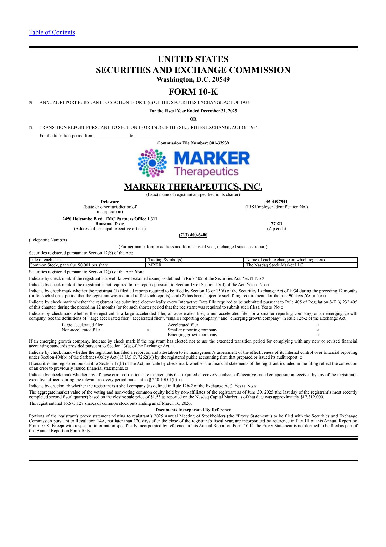 Marker Therapeutics' Q4 2025 Annual report