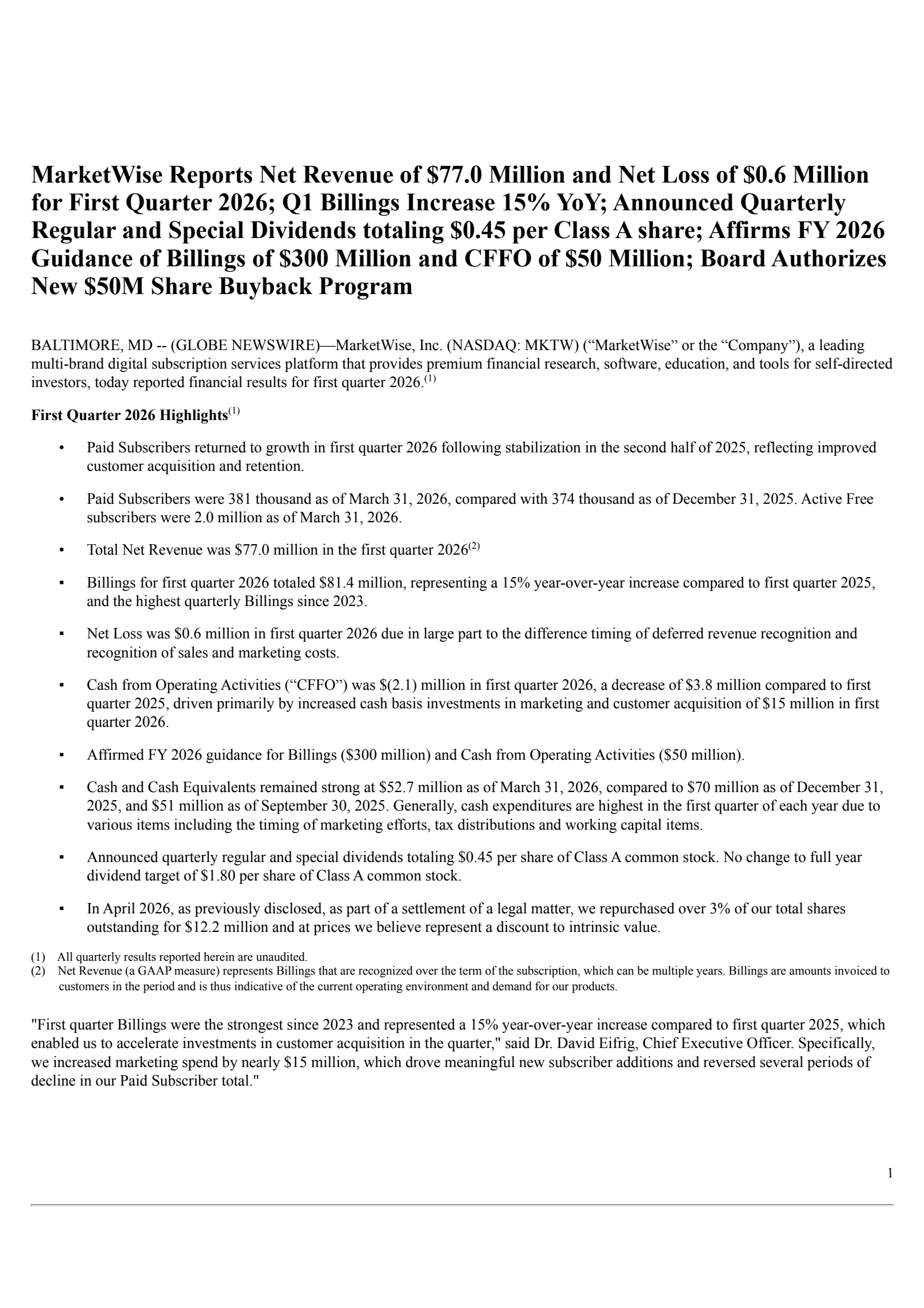 MarketWise's Q1 2026 Press Release
