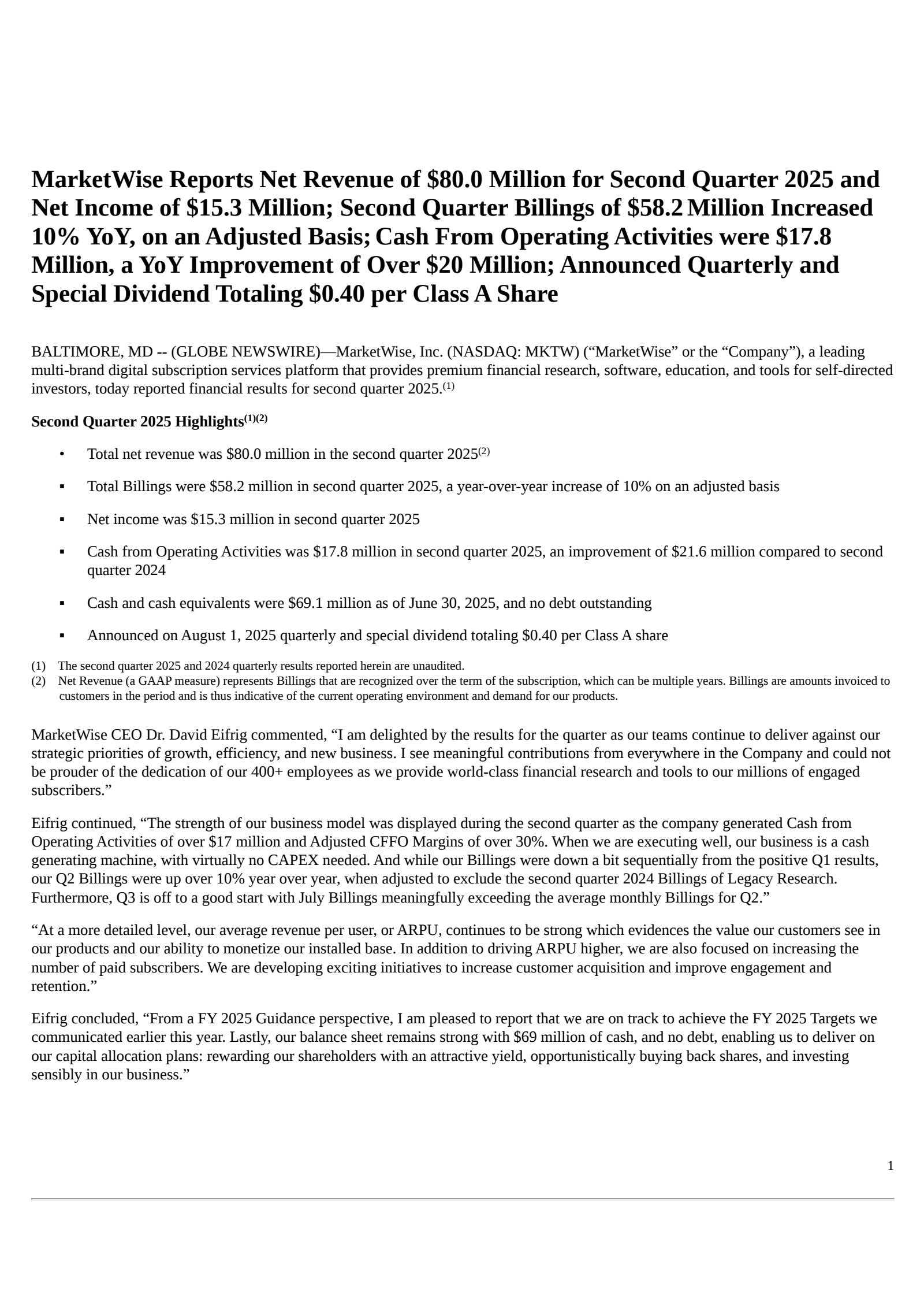 MarketWise's Q2 2025 Press Release