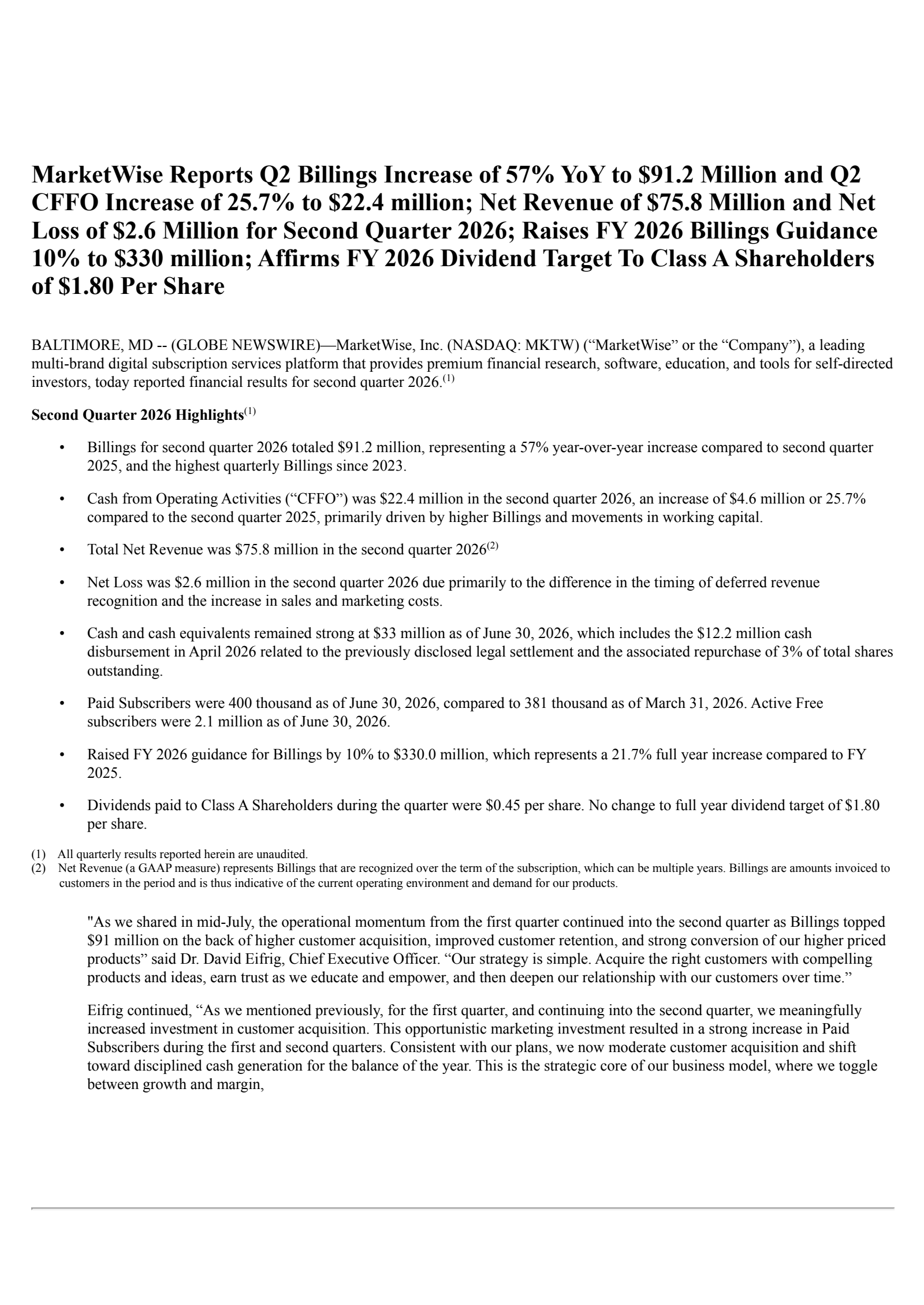 MarketWise's Q2 2026 Press Release