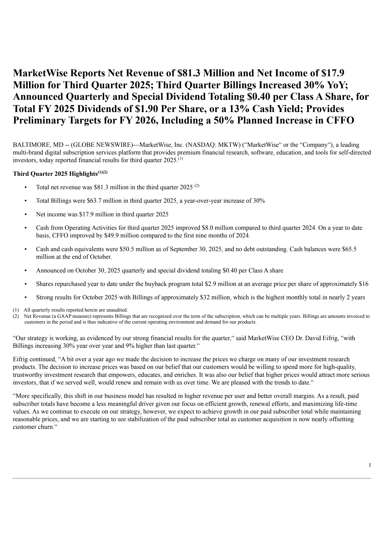 MarketWise's Q3 2025 Earnings Release