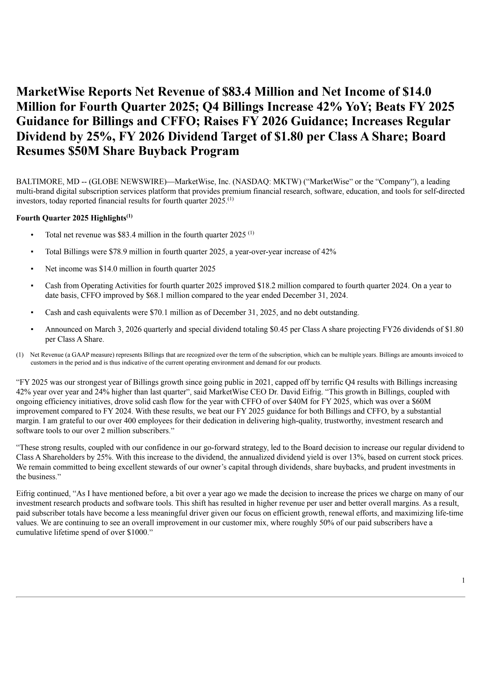 MarketWise's Q4 2025 Press Release