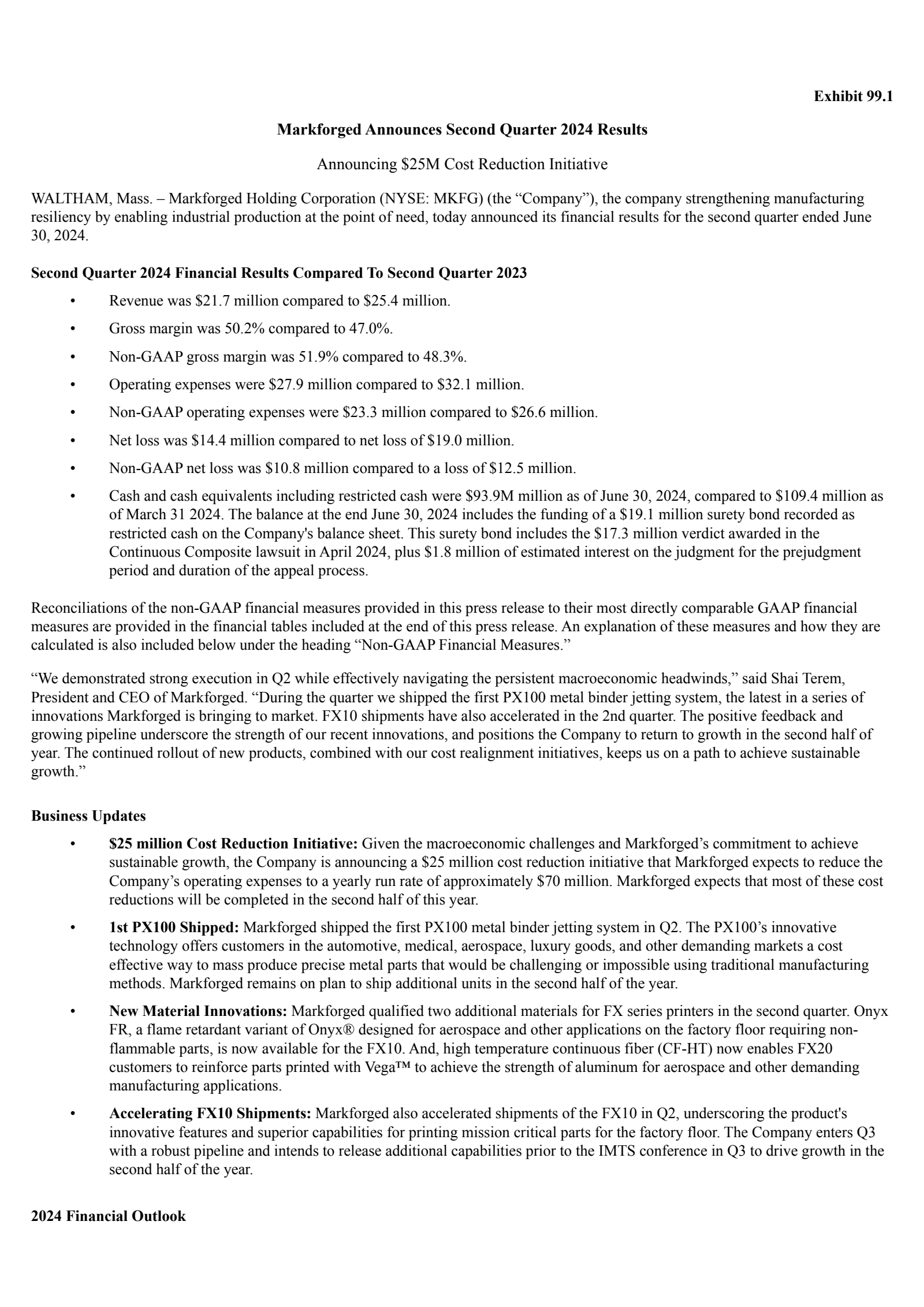 Markforged's Q2 2024 Press Release