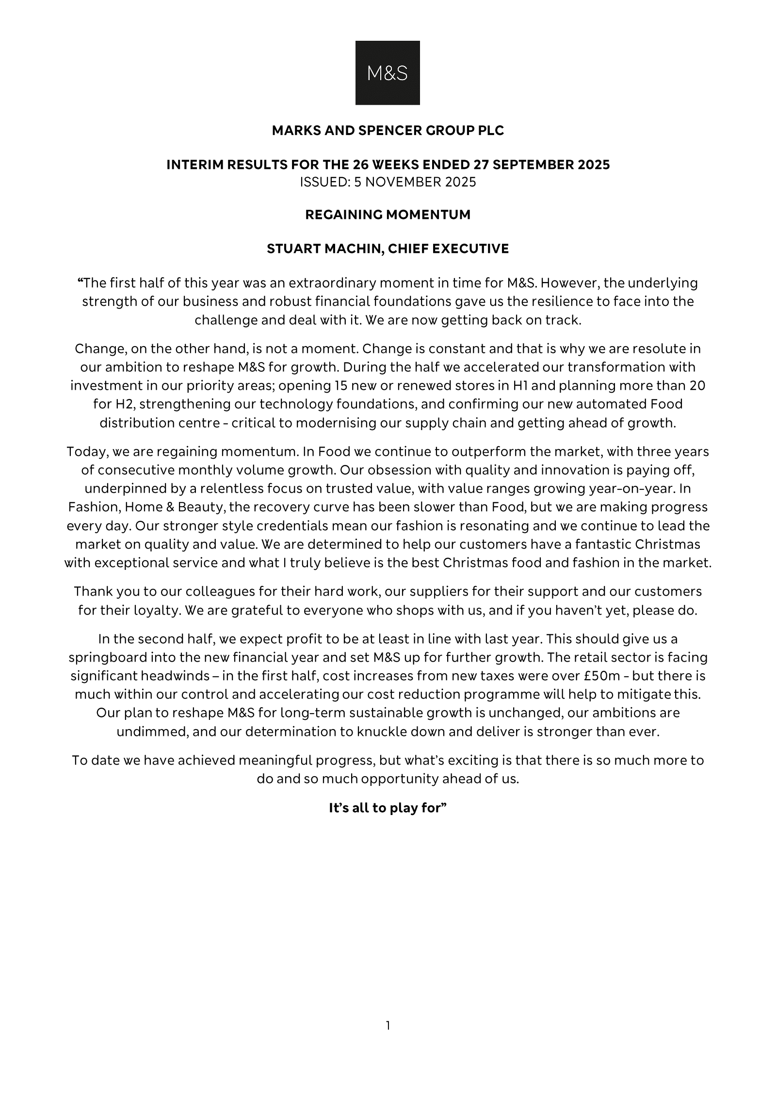 Marks and Spencer Group's H1 25/26 Interim Report