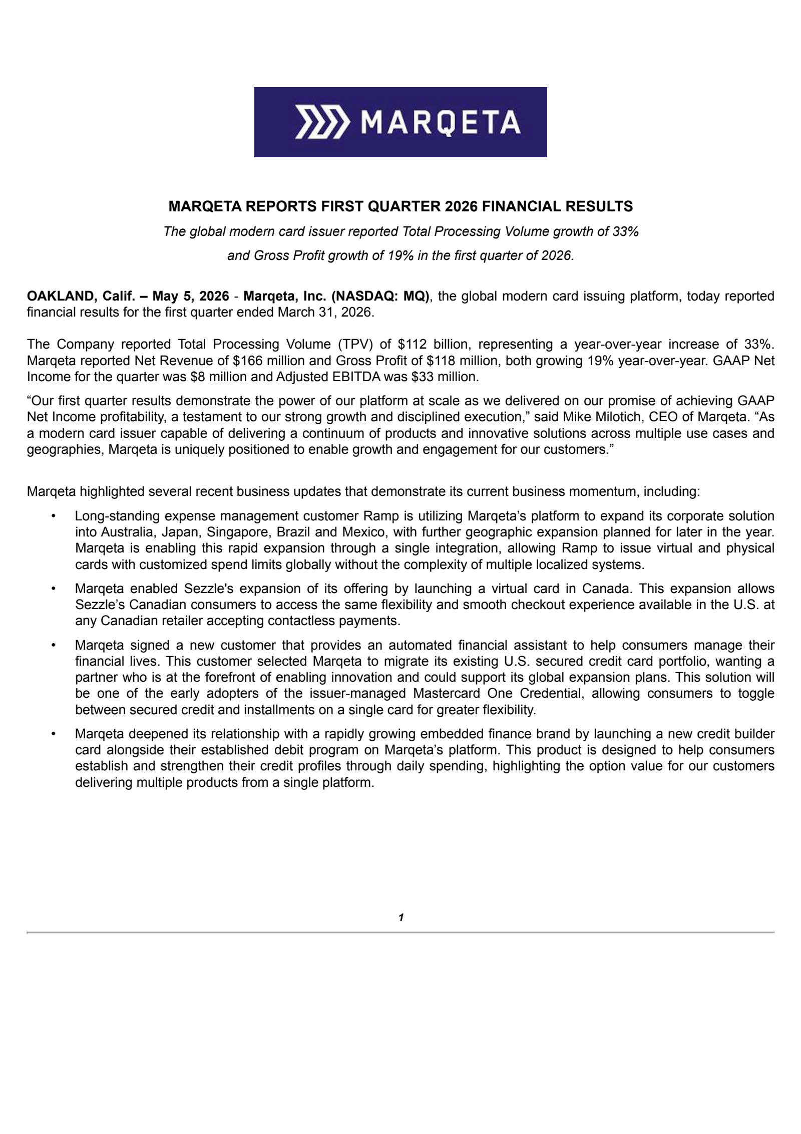 Marqeta's Q1 2026 Press Release