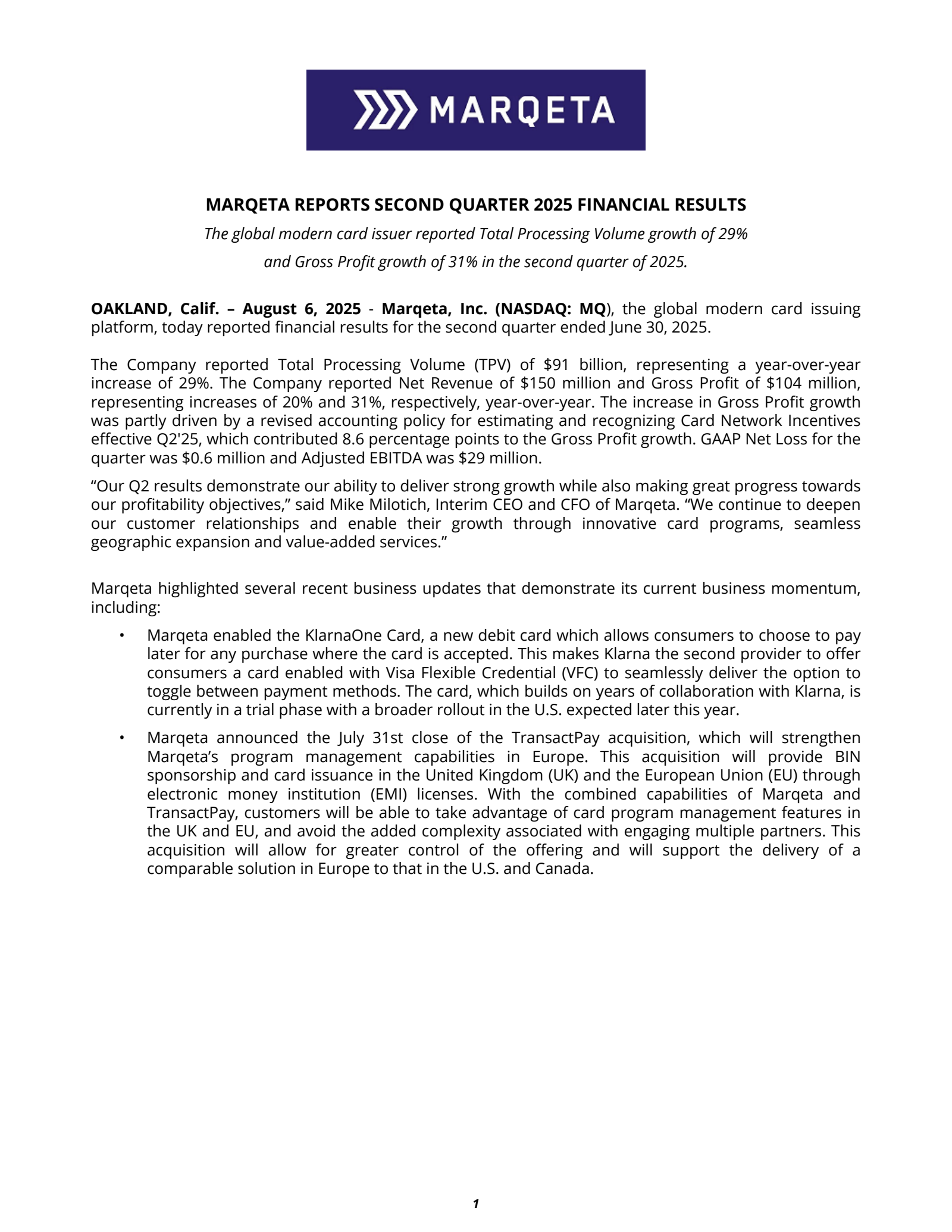 Marqeta's Q2 2025 Press Release