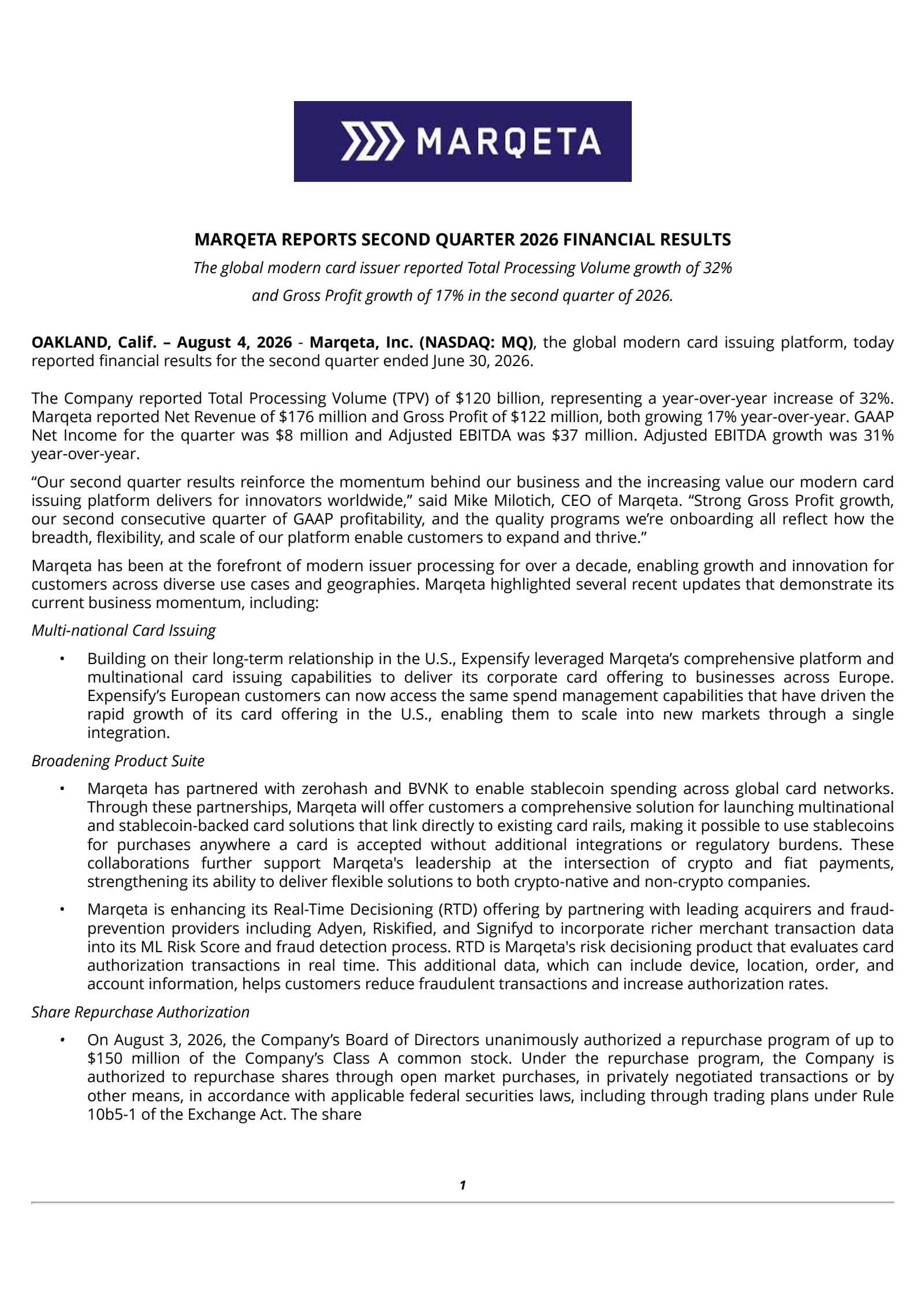 Marqeta's Q2 2026 Press Release