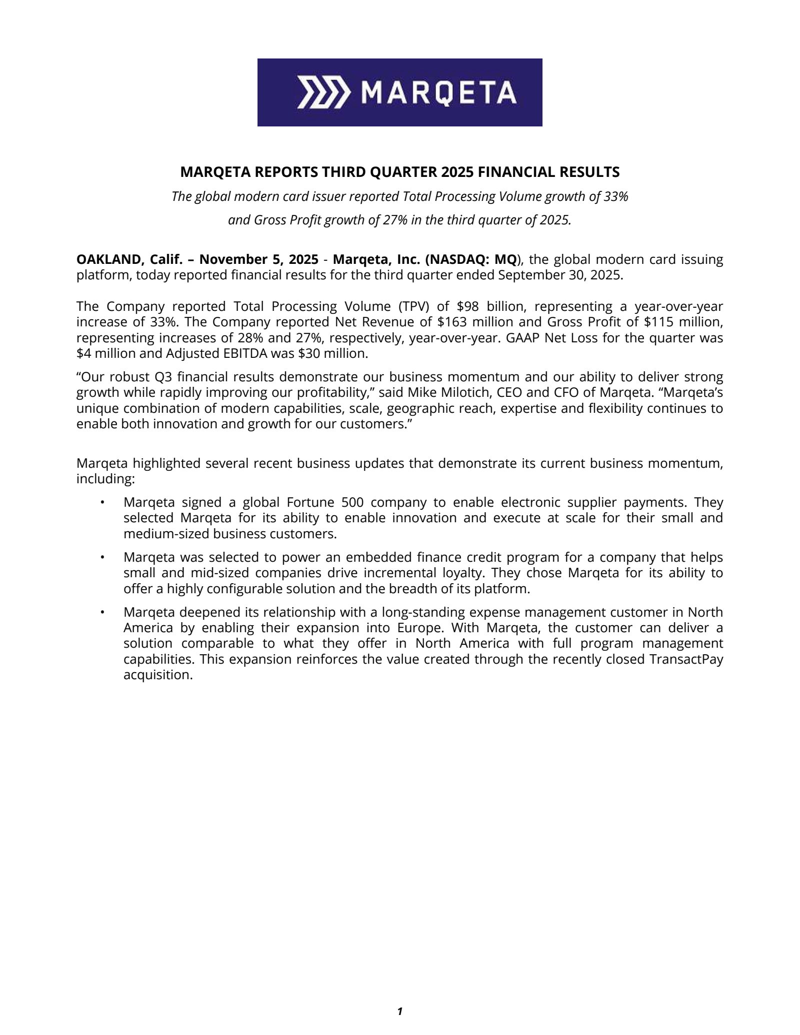 Marqeta's Q3 2025 Earnings Release