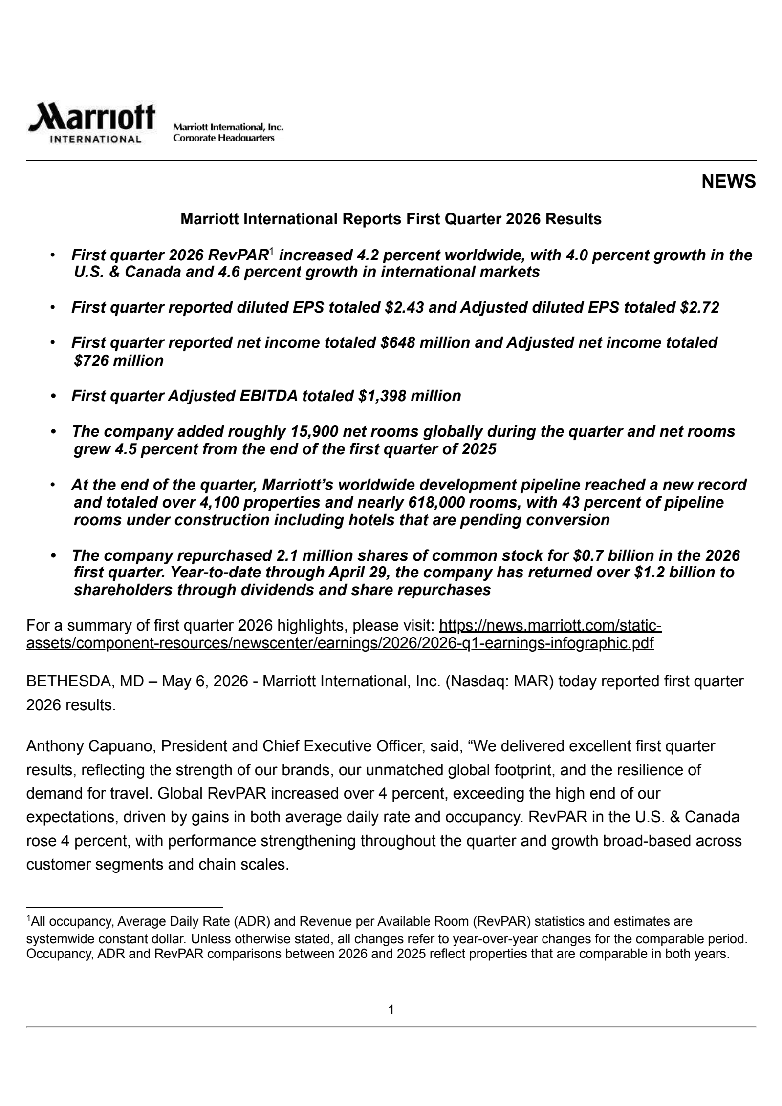 Marriott International's Q1 2026 Press Release