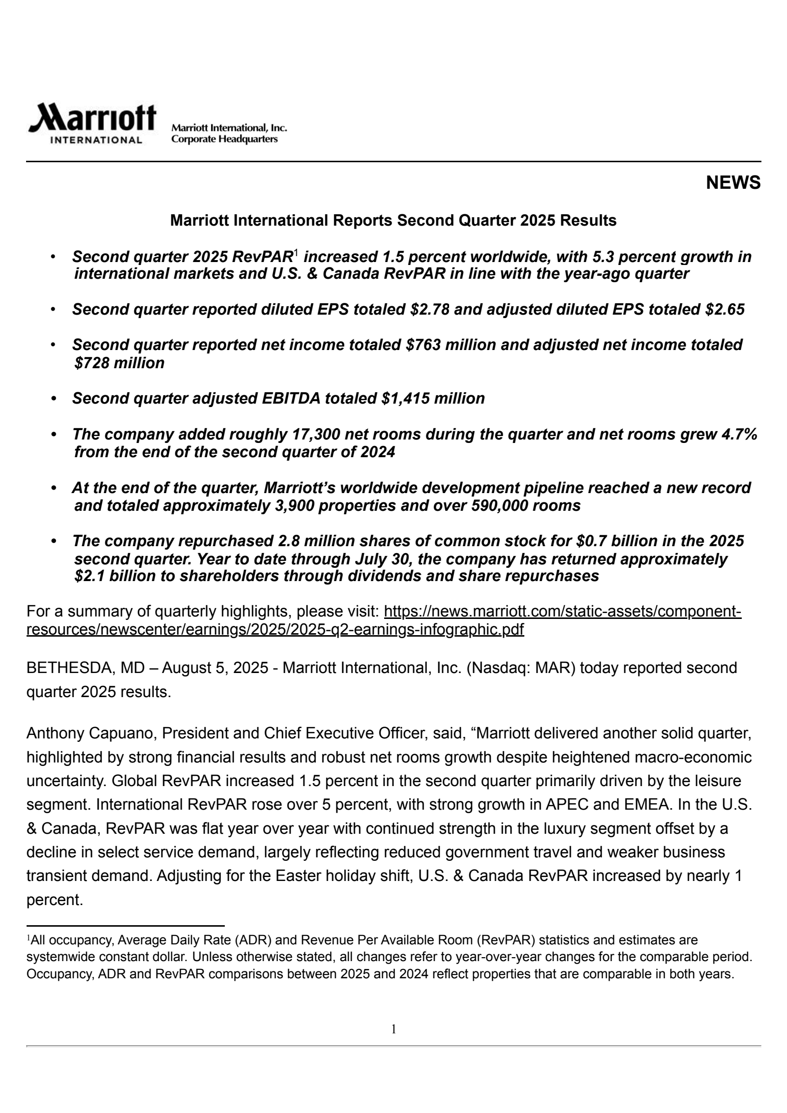 Marriott International's Q2 2025 Press Release