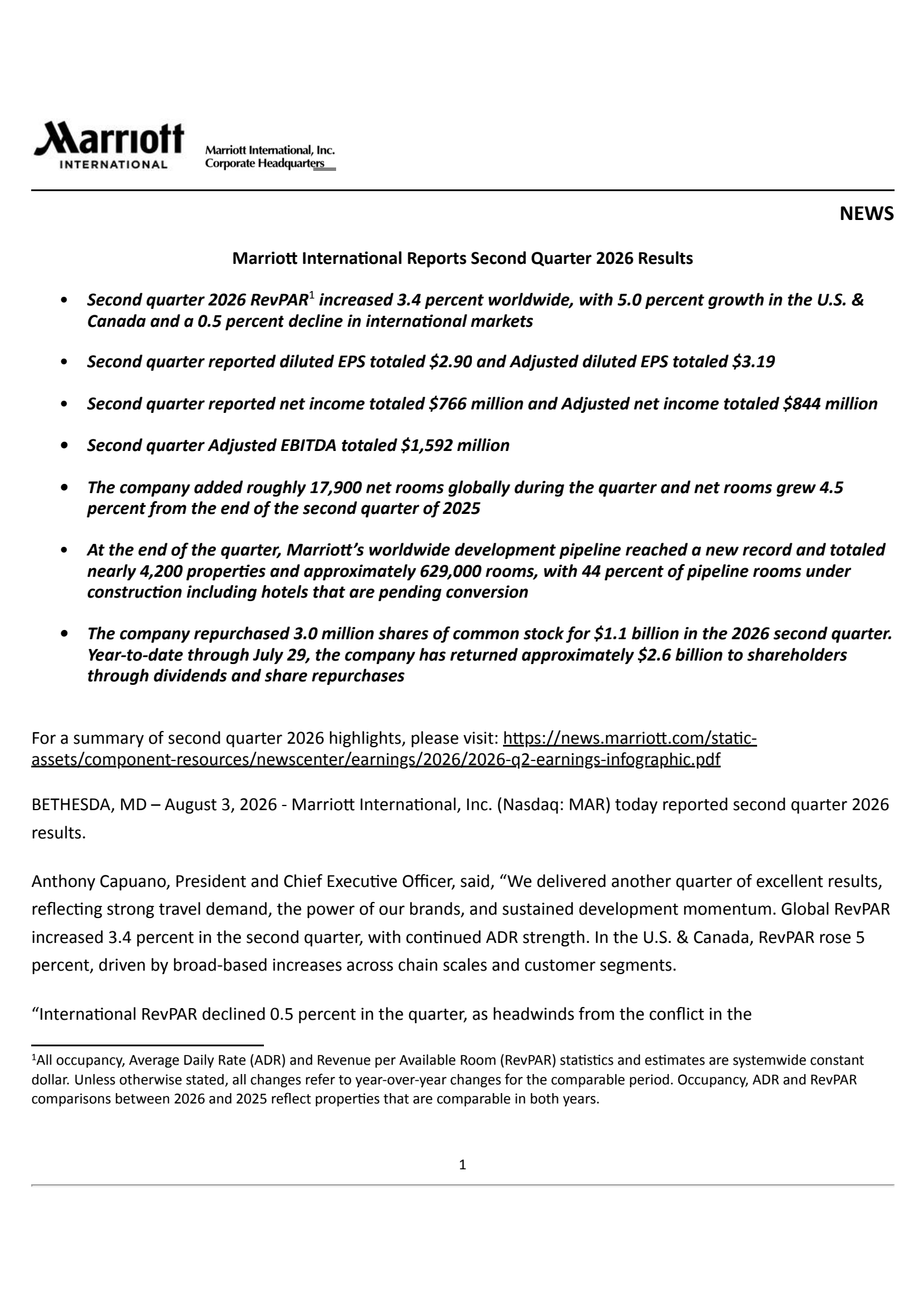 Marriott International's Q2 2026 Press Release