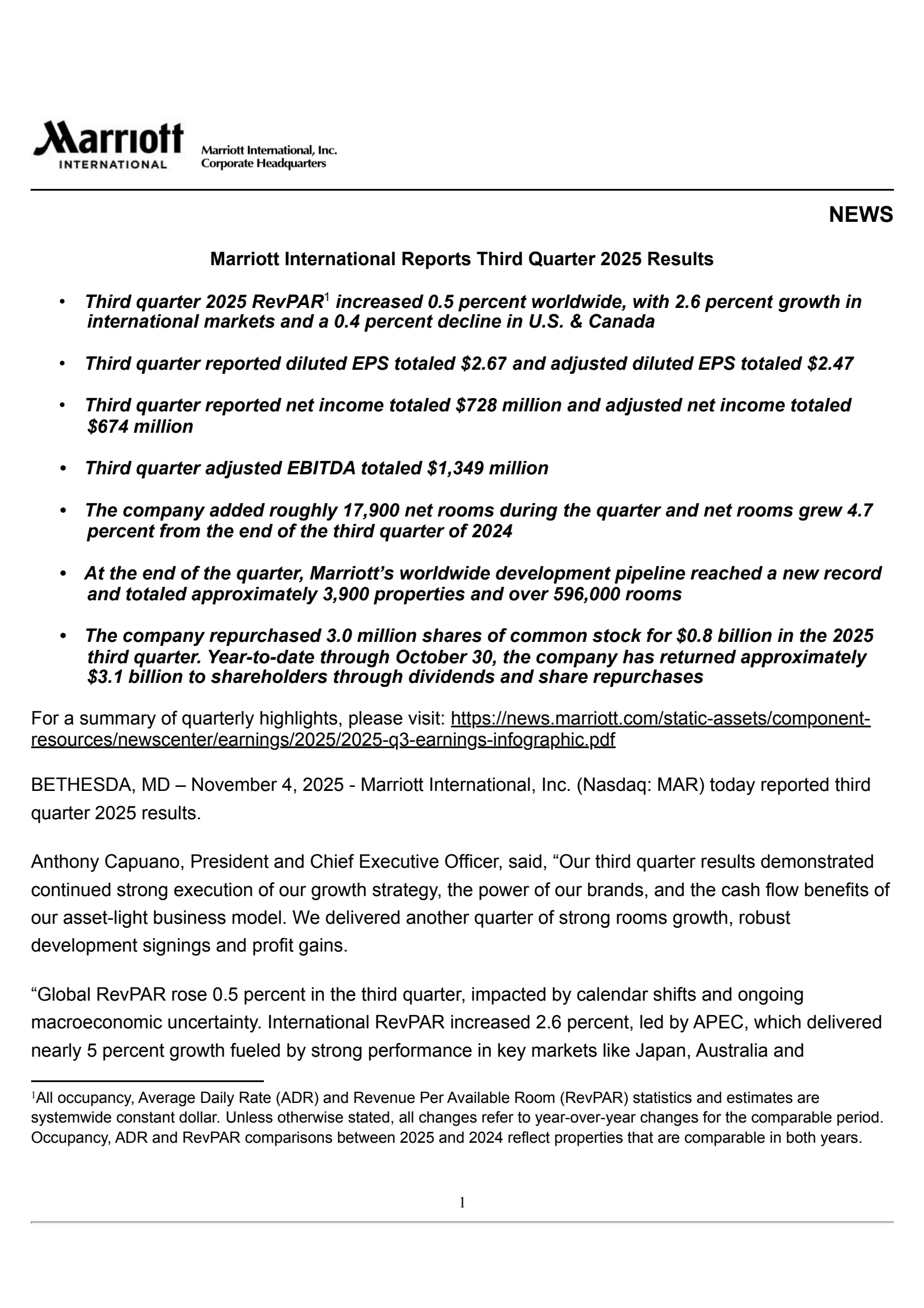 Marriott International's Q3 2025 Earnings Release