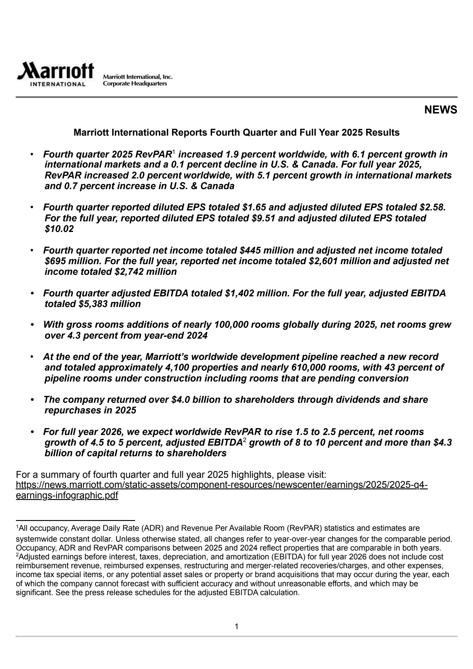 Marriott International's Q4 2025 Press Release