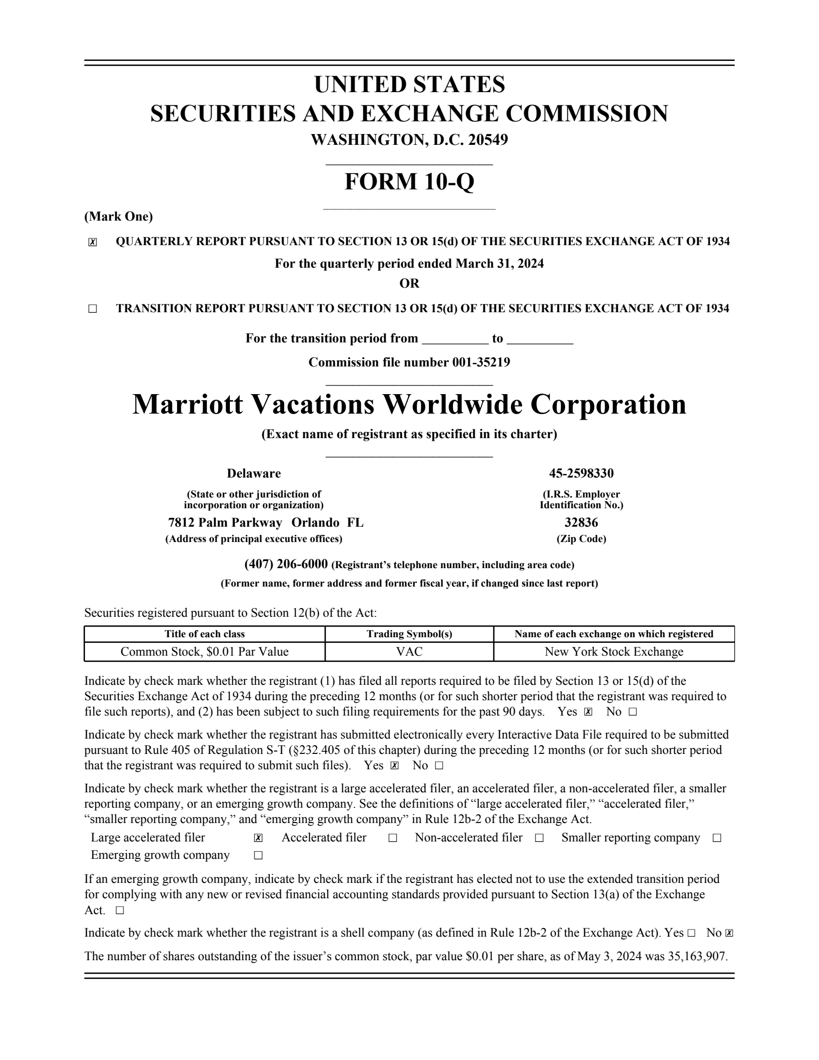 Marriott Vacations Worldwide's Q1 2024 Quarterly Report
