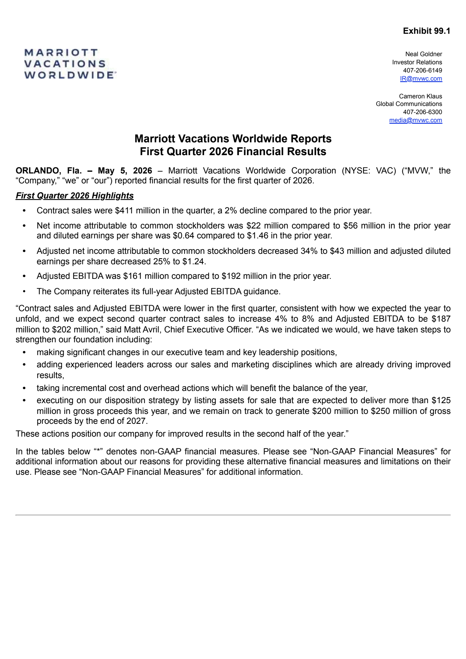Marriott Vacations Worldwide's Q1 2026 Press Release