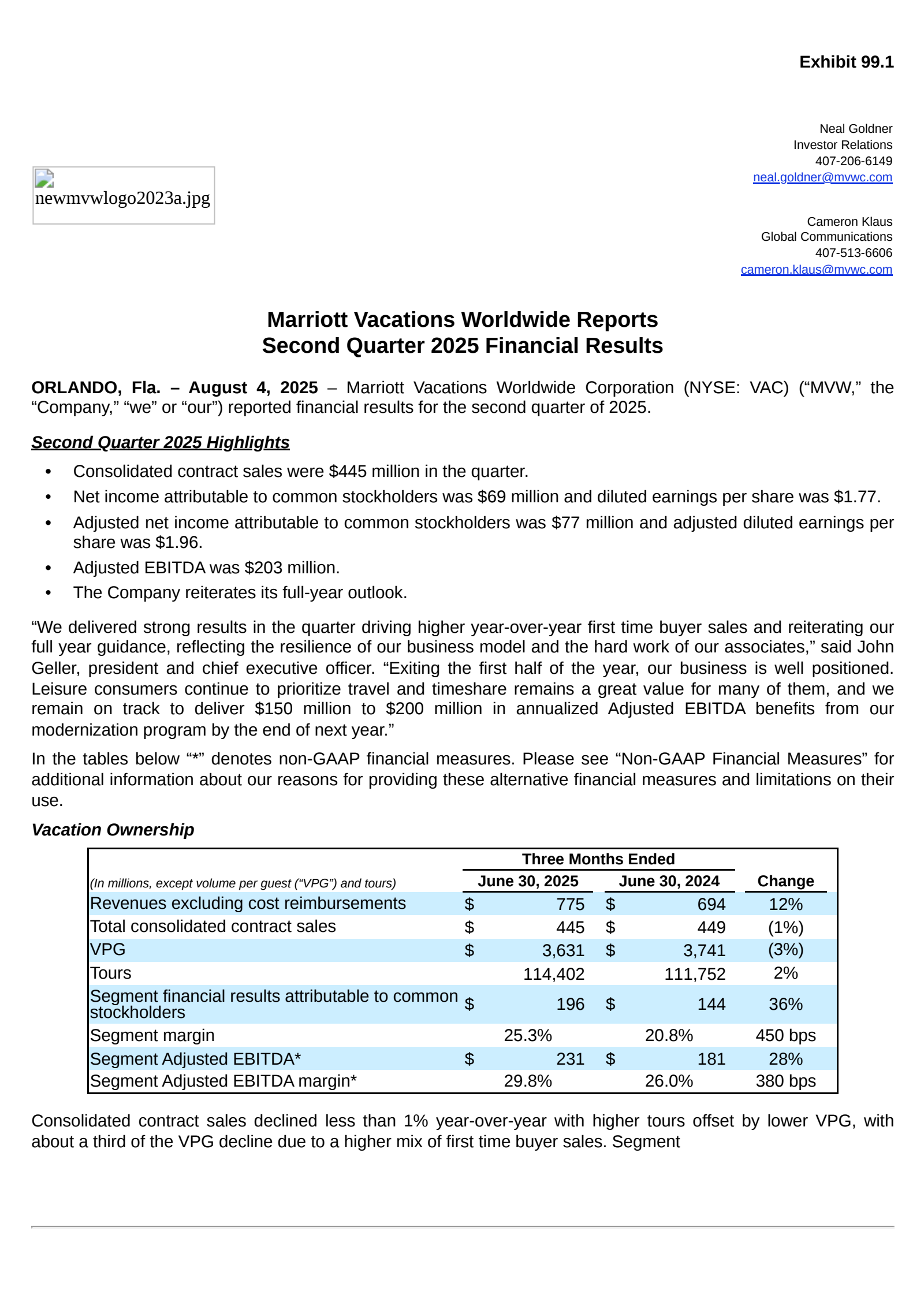 Marriott Vacations Worldwide's Q2 2025 Press Release