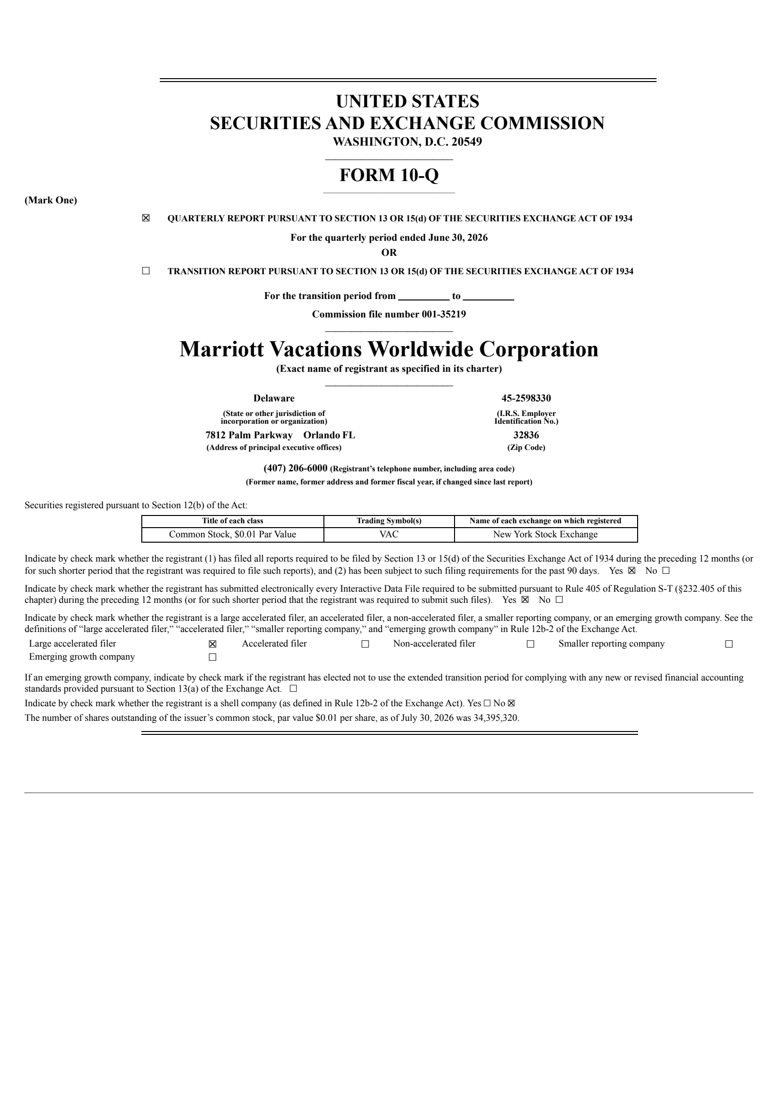 Marriott Vacations Worldwide's Q2 2026 Quarterly report