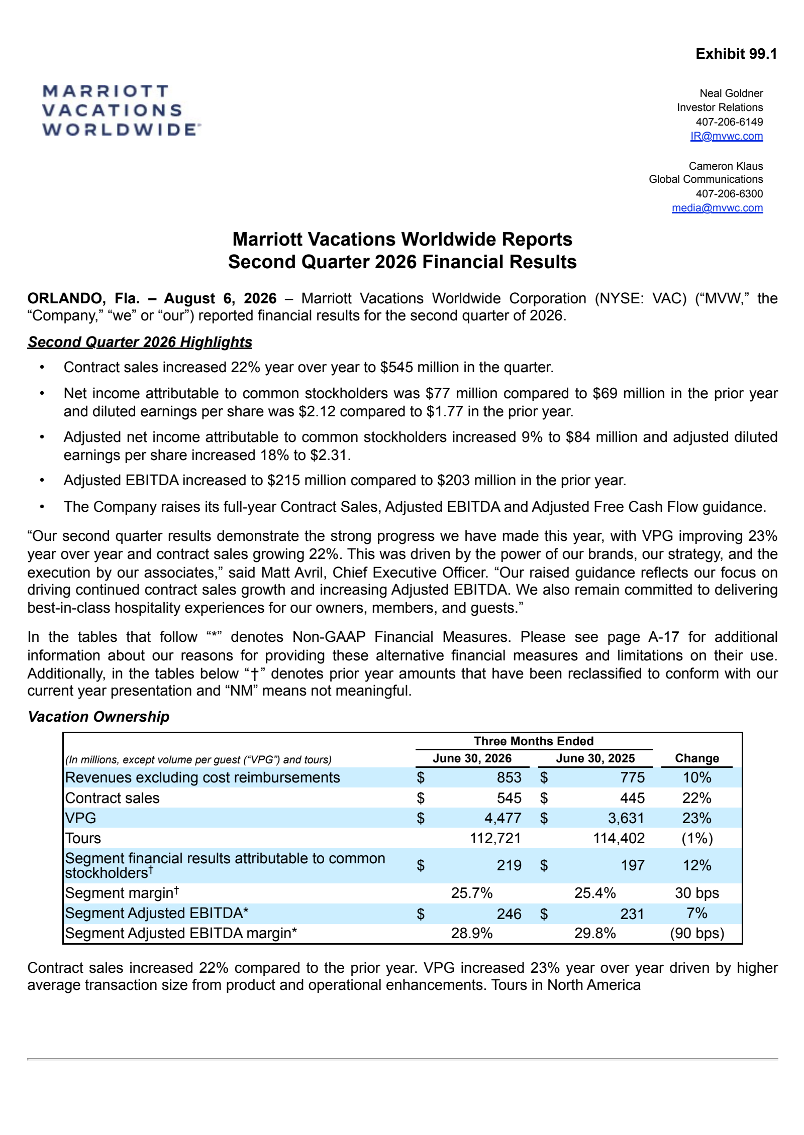 Marriott Vacations Worldwide's Q2 2026 Press Release