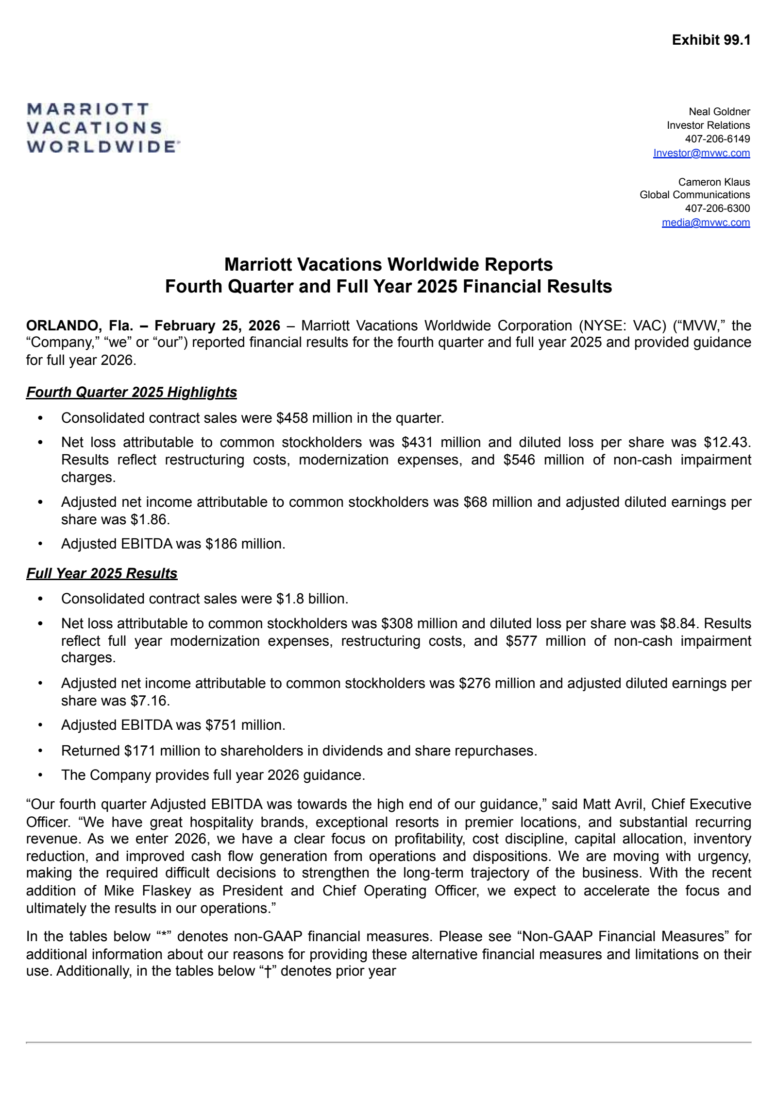Marriott Vacations Worldwide's Q4 2025 Press Release