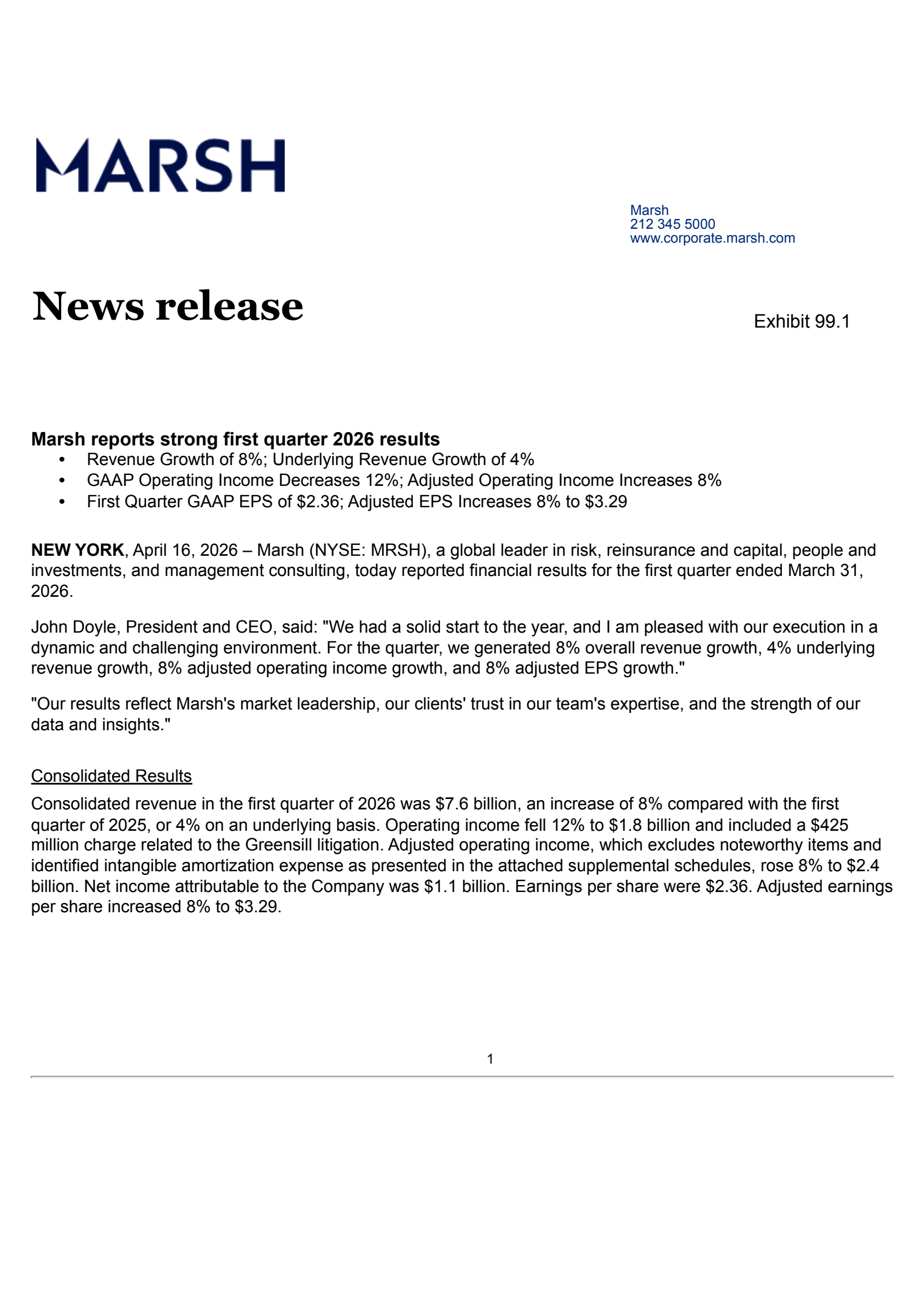 Marsh & McLennan Companies' Q1 2026 Press Release